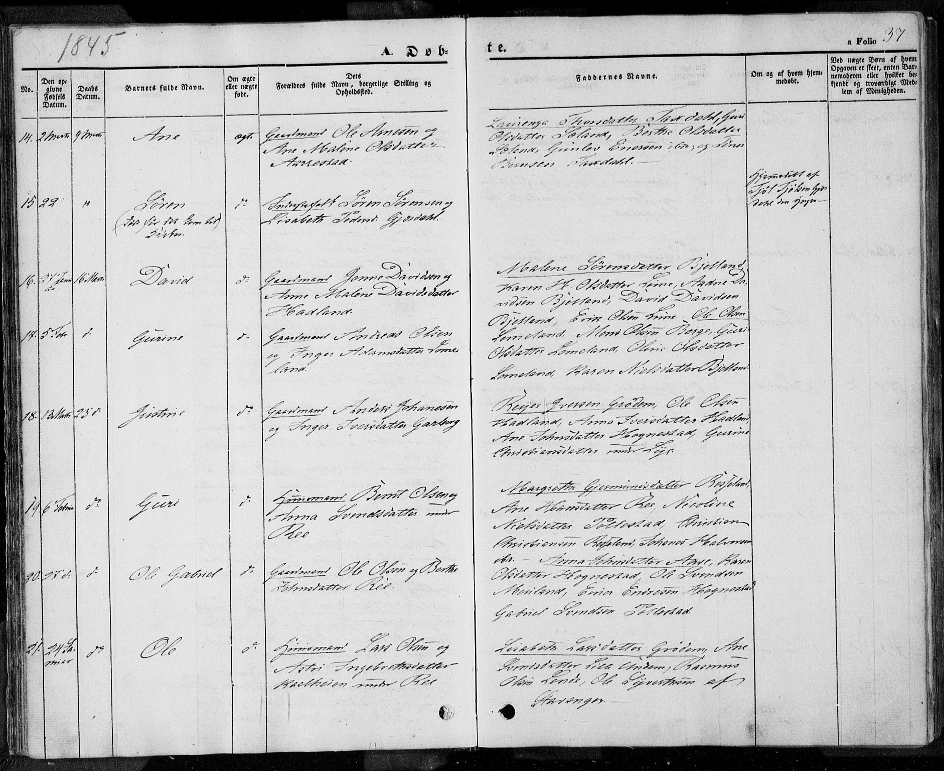 Lye sokneprestkontor, AV/SAST-A-101794/001/30BA/L0005: Parish register (official) no. A 5.1, 1842-1855, p. 37