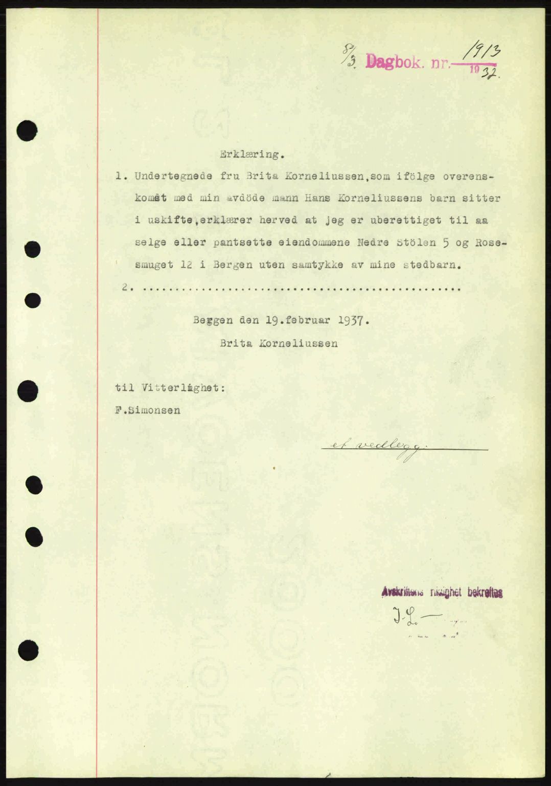 Byfogd og Byskriver i Bergen, SAB/A-3401/03/03Bc/L0004: Mortgage book no. A3-4, 1936-1937, Diary no: : 1913/1937