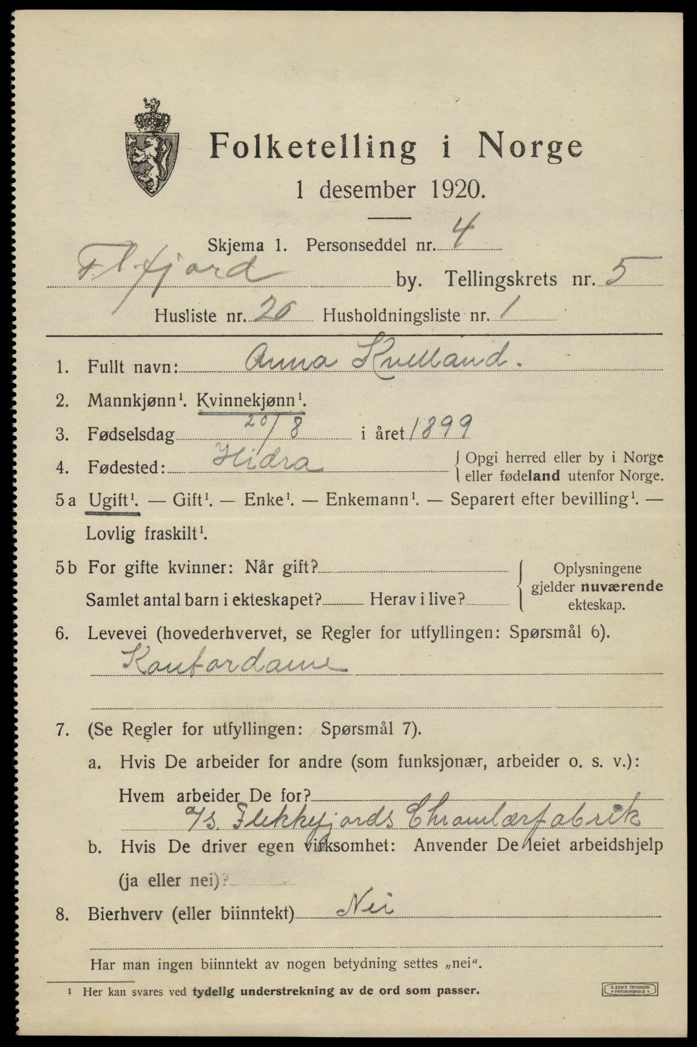 SAK, 1920 census for Flekkefjord, 1920, p. 5470