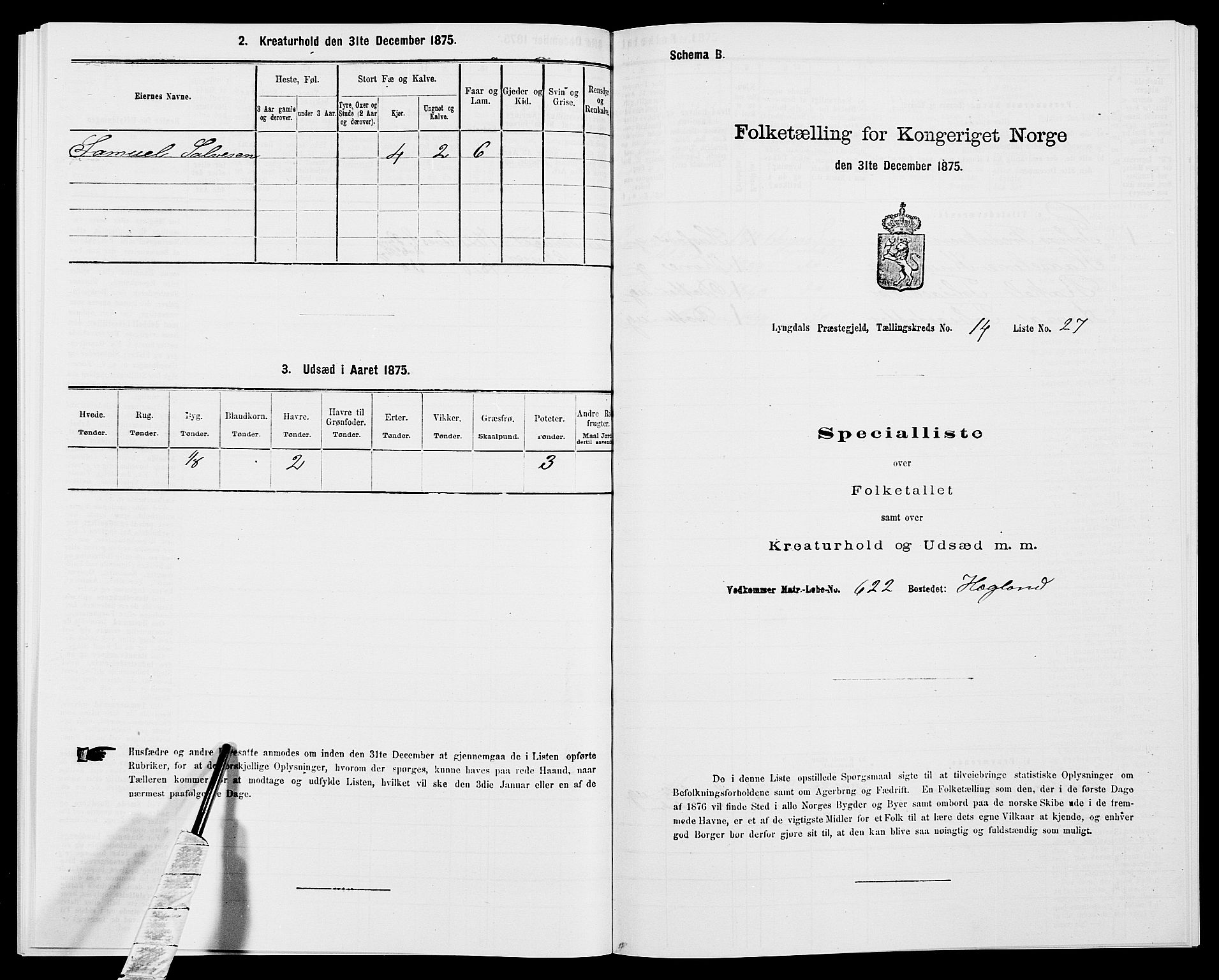 SAK, 1875 census for 1032P Lyngdal, 1875, p. 2069