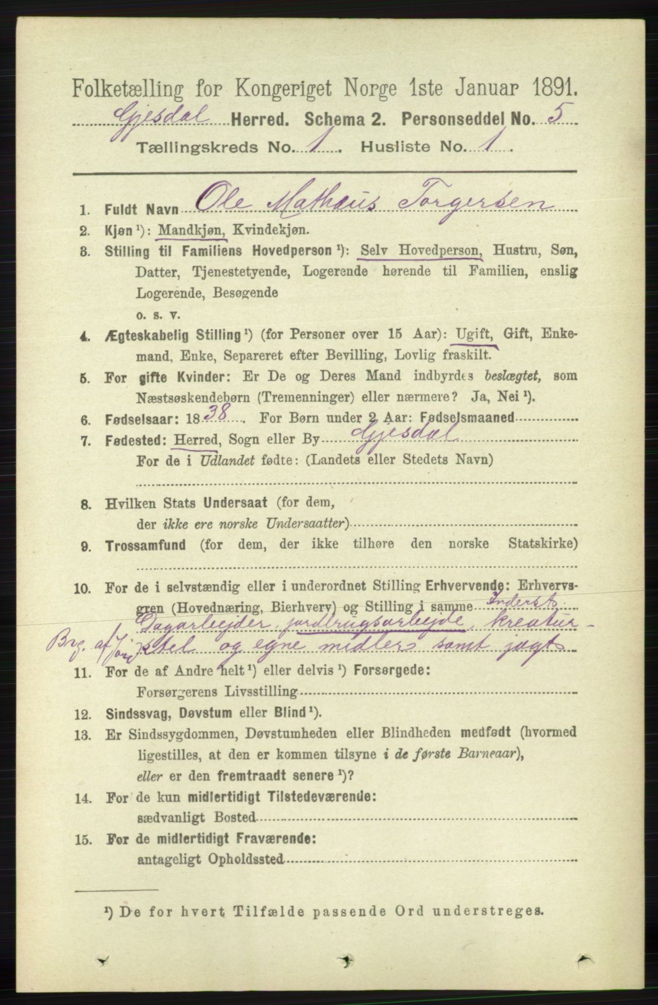 RA, 1891 census for 1122 Gjesdal, 1891, p. 64