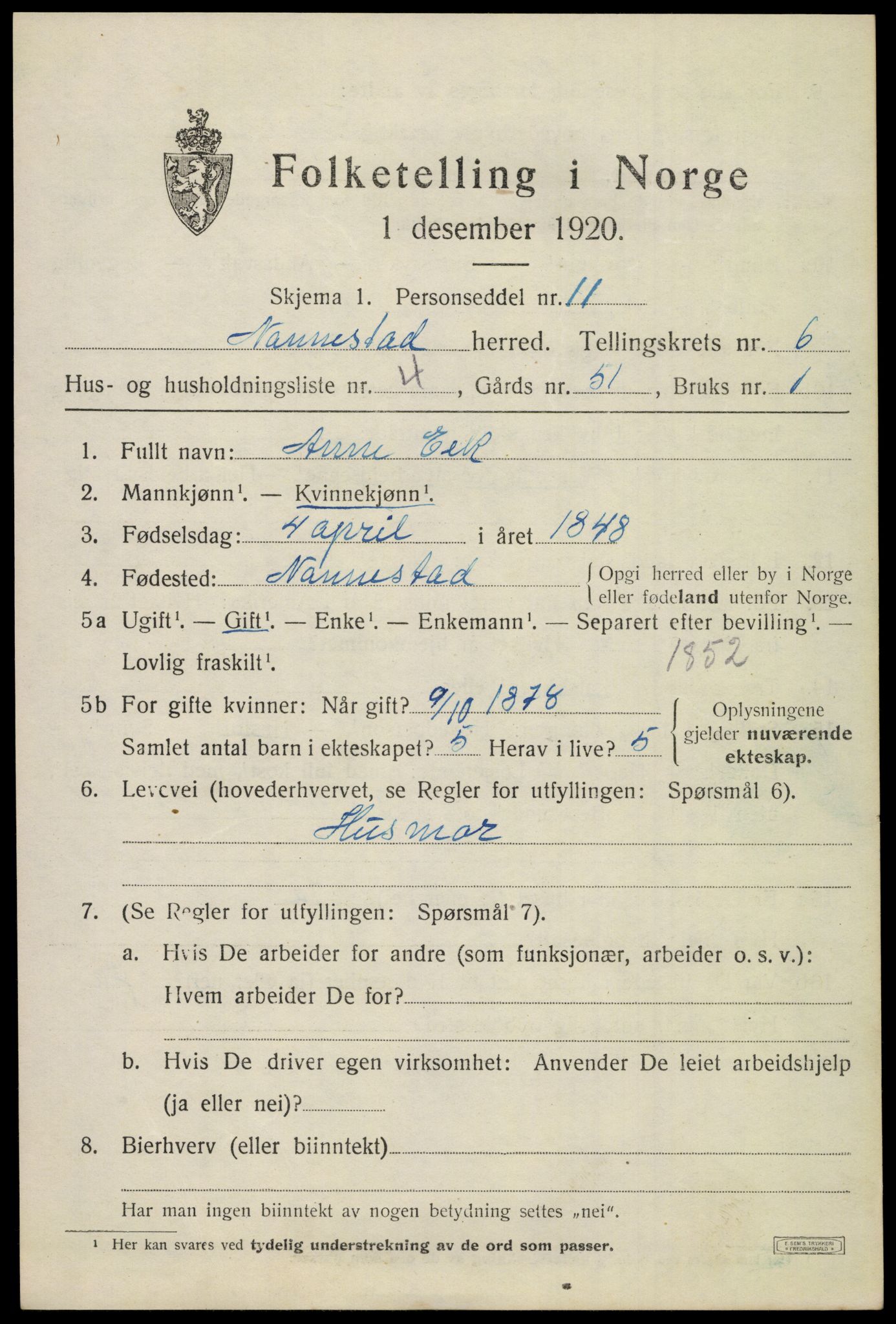 SAO, 1920 census for Nannestad, 1920, p. 7614