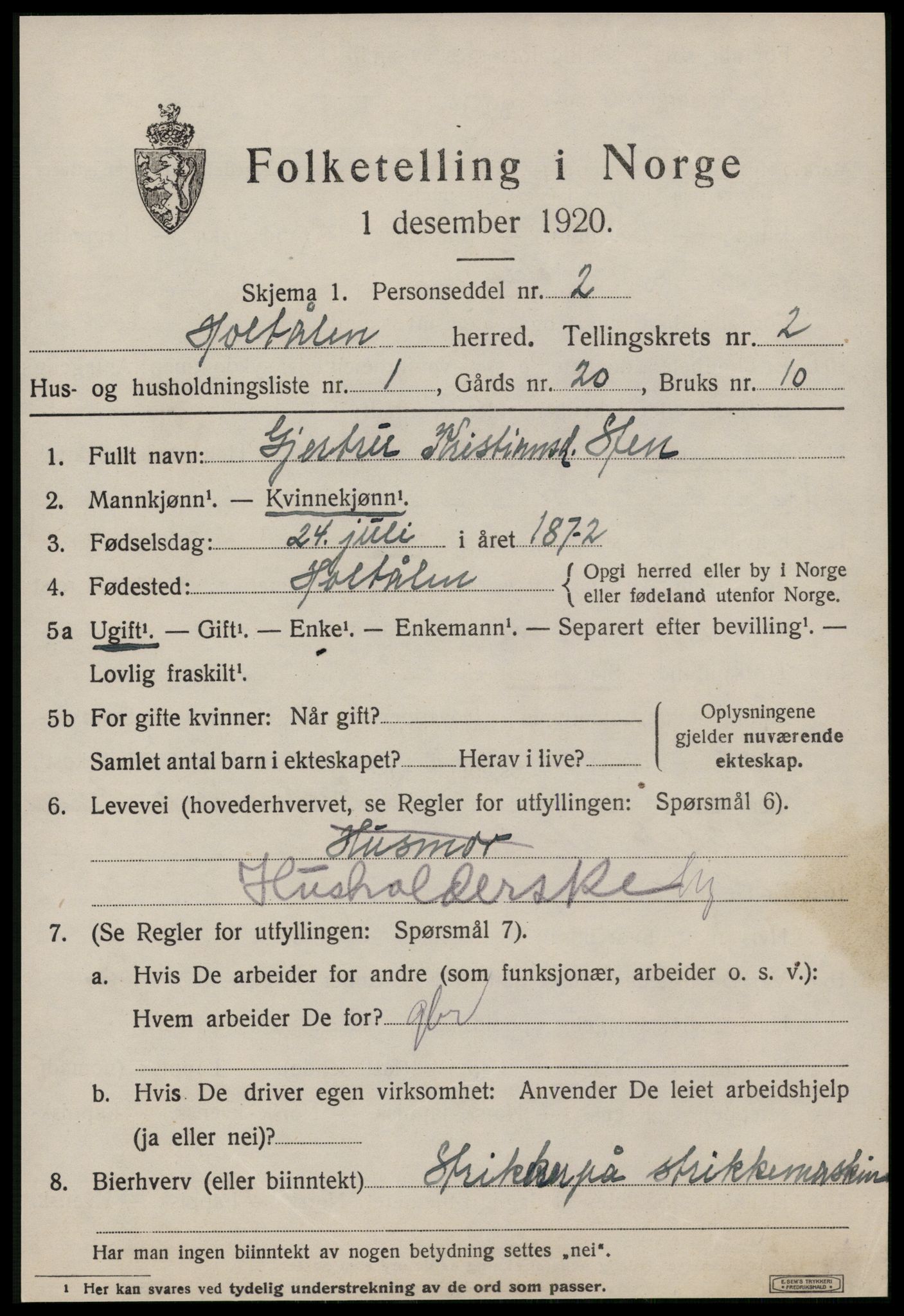 SAT, 1920 census for Haltdalen, 1920, p. 1016