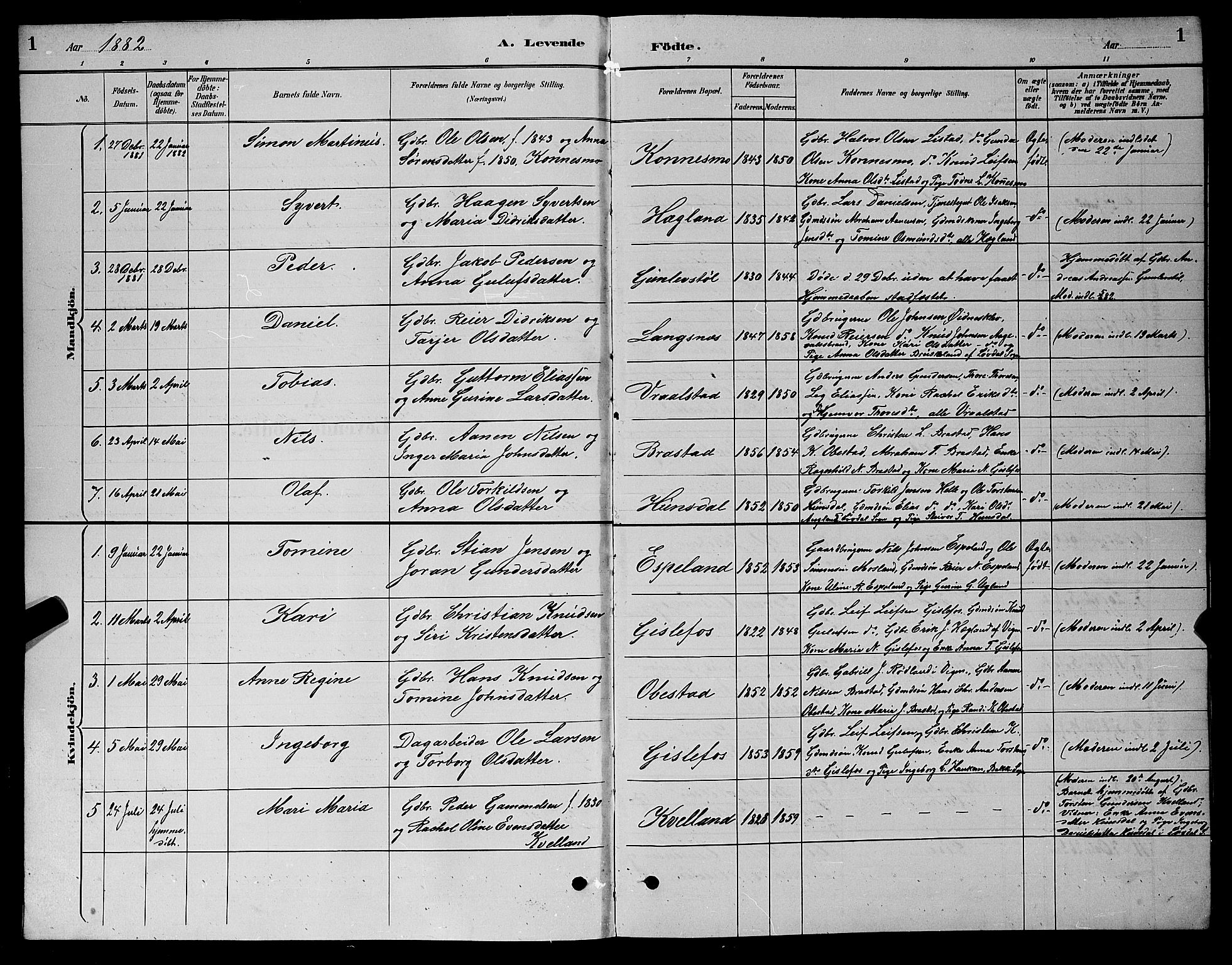 Nord-Audnedal sokneprestkontor, AV/SAK-1111-0032/F/Fb/Fba/L0003: Parish register (copy) no. B 3, 1881-1900, p. 1