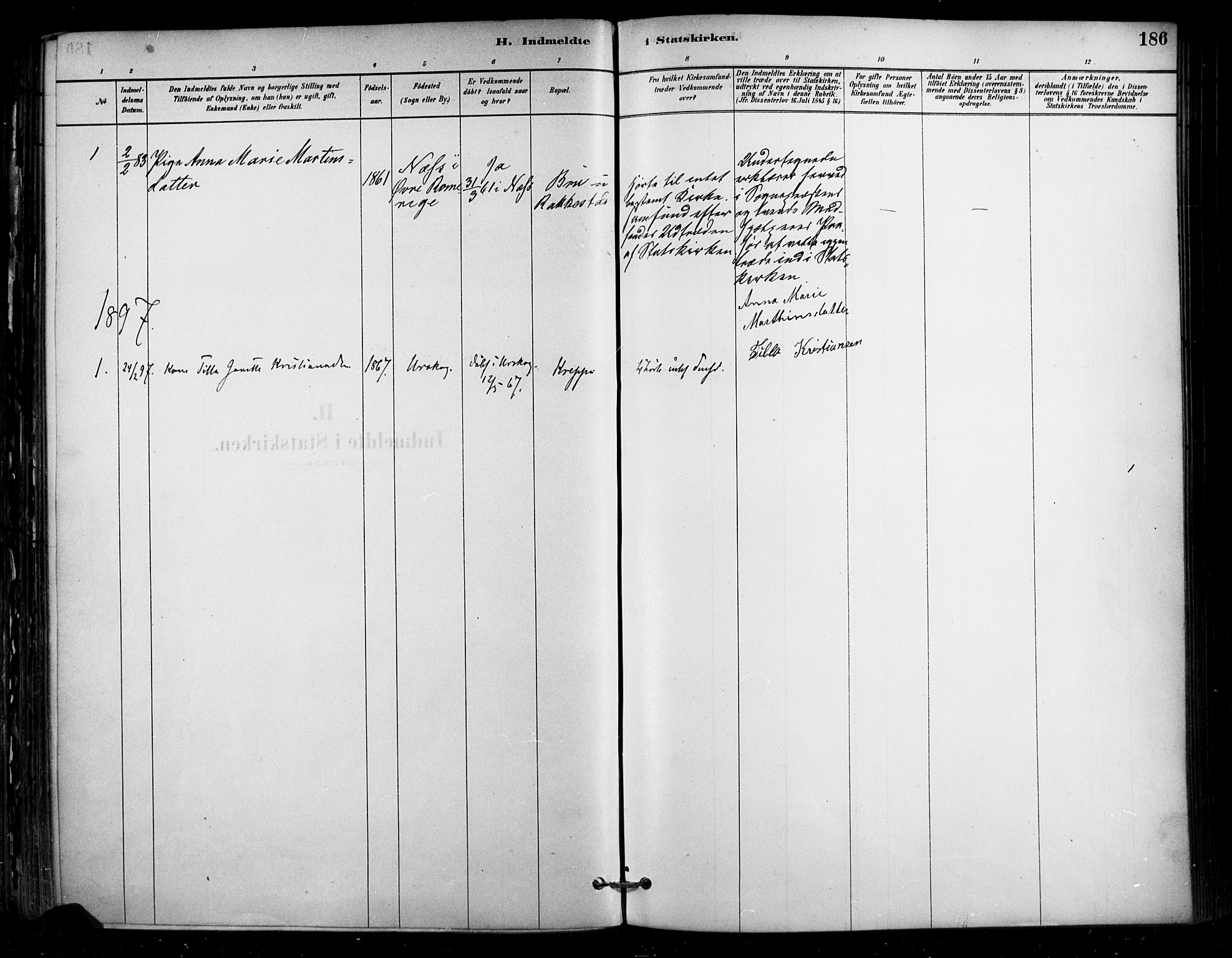 Enebakk prestekontor Kirkebøker, AV/SAO-A-10171c/F/Fa/L0016: Parish register (official) no. I 16, 1883-1898, p. 186