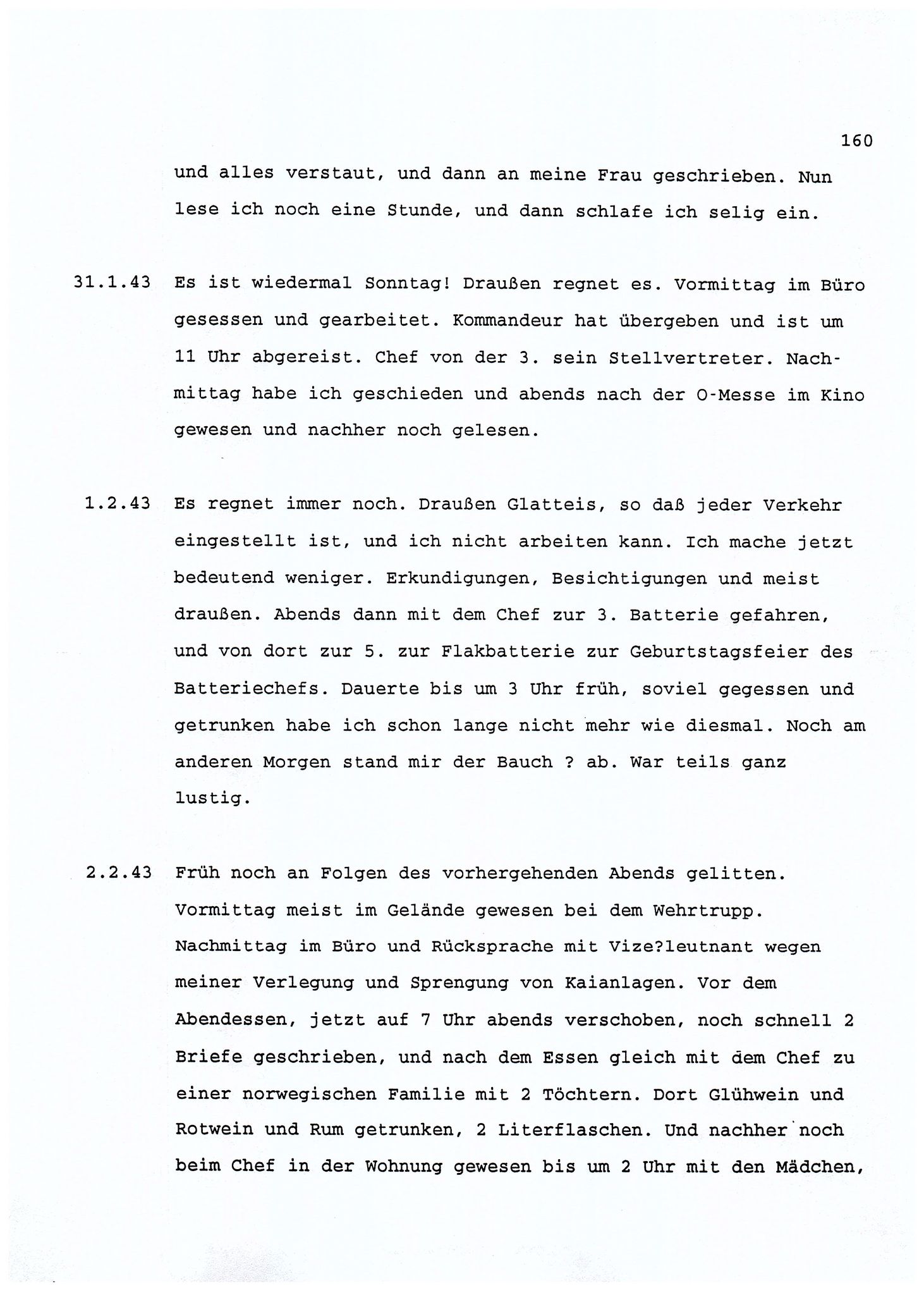 Dagbokopptegnelser av en tysk marineoffiser stasjonert i Norge , FMFB/A-1160/F/L0001: Dagbokopptegnelser av en tysk marineoffiser stasjonert i Norge, 1941-1944, p. 160