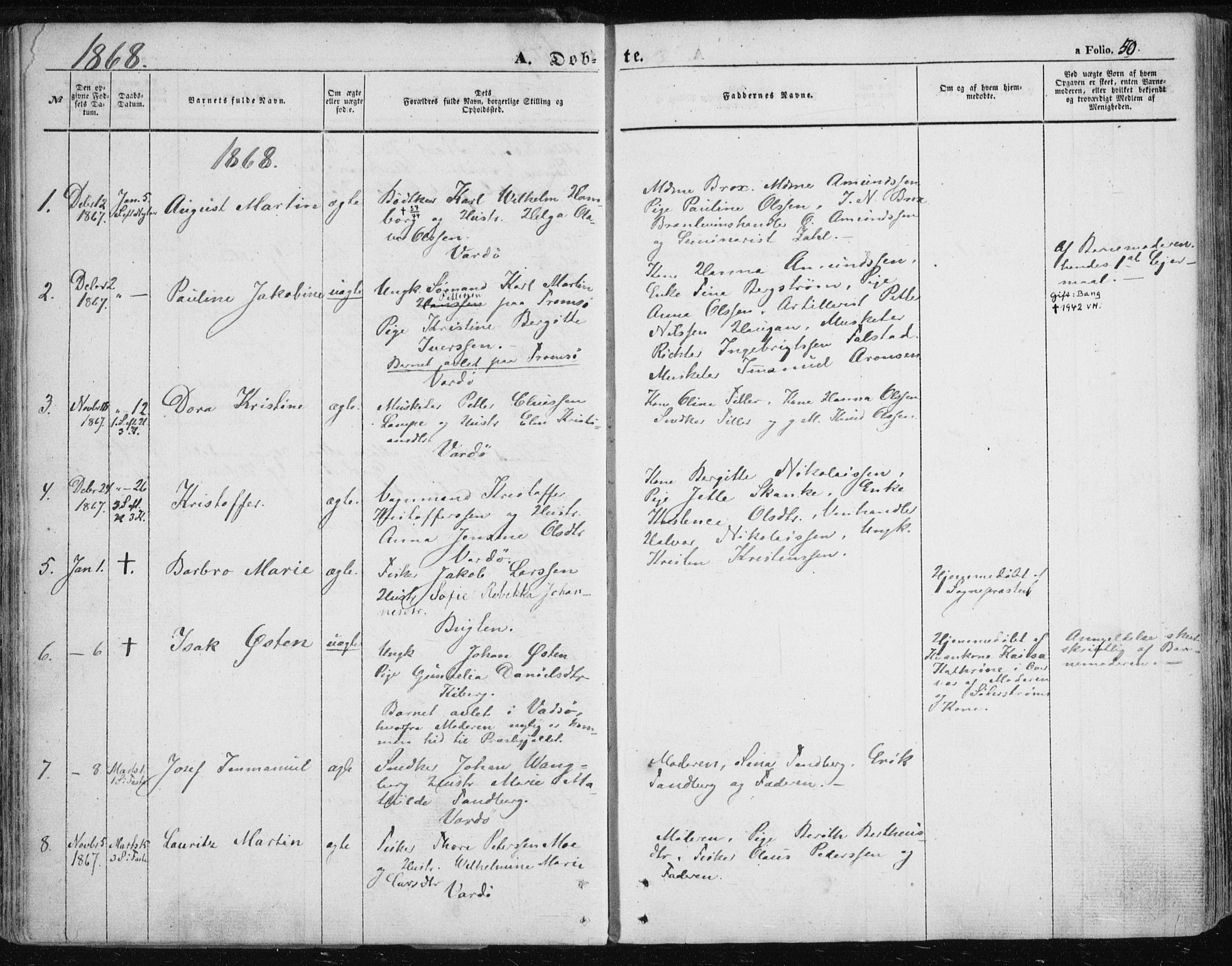 Vardø sokneprestkontor, AV/SATØ-S-1332/H/Ha/L0004kirke: Parish register (official) no. 4, 1862-1871, p. 50