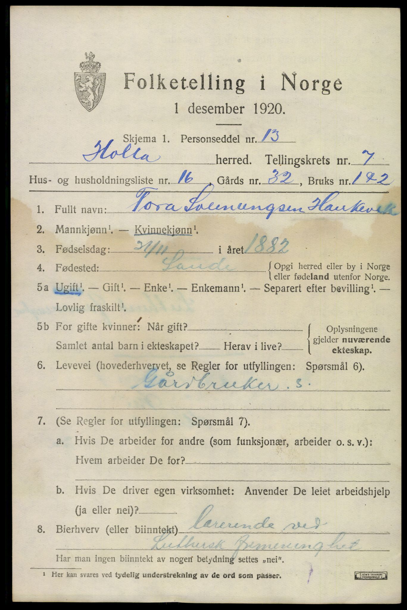 SAKO, 1920 census for Holla, 1920, p. 5037