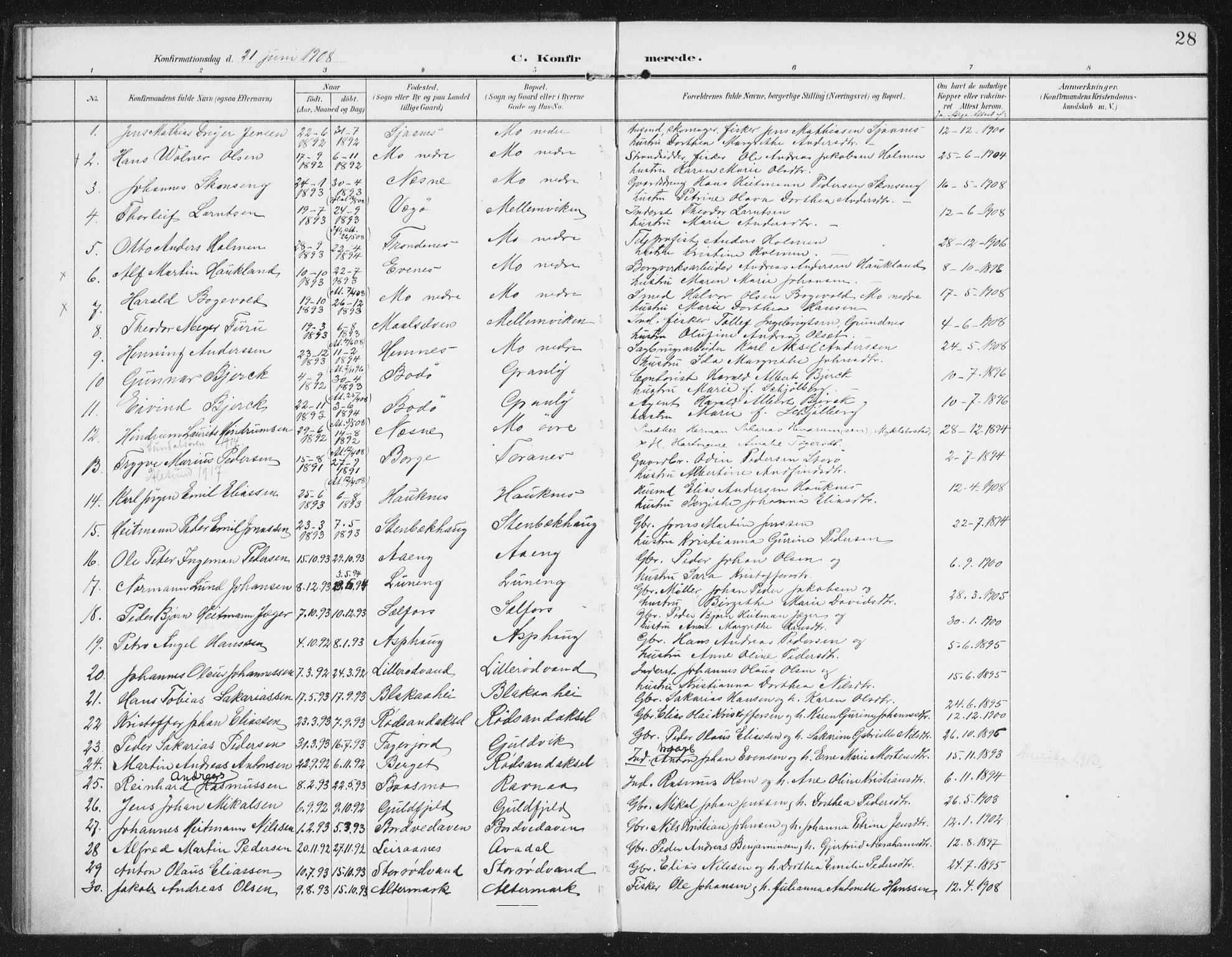 Ministerialprotokoller, klokkerbøker og fødselsregistre - Nordland, SAT/A-1459/827/L0403: Parish register (official) no. 827A15, 1903-1912, p. 28