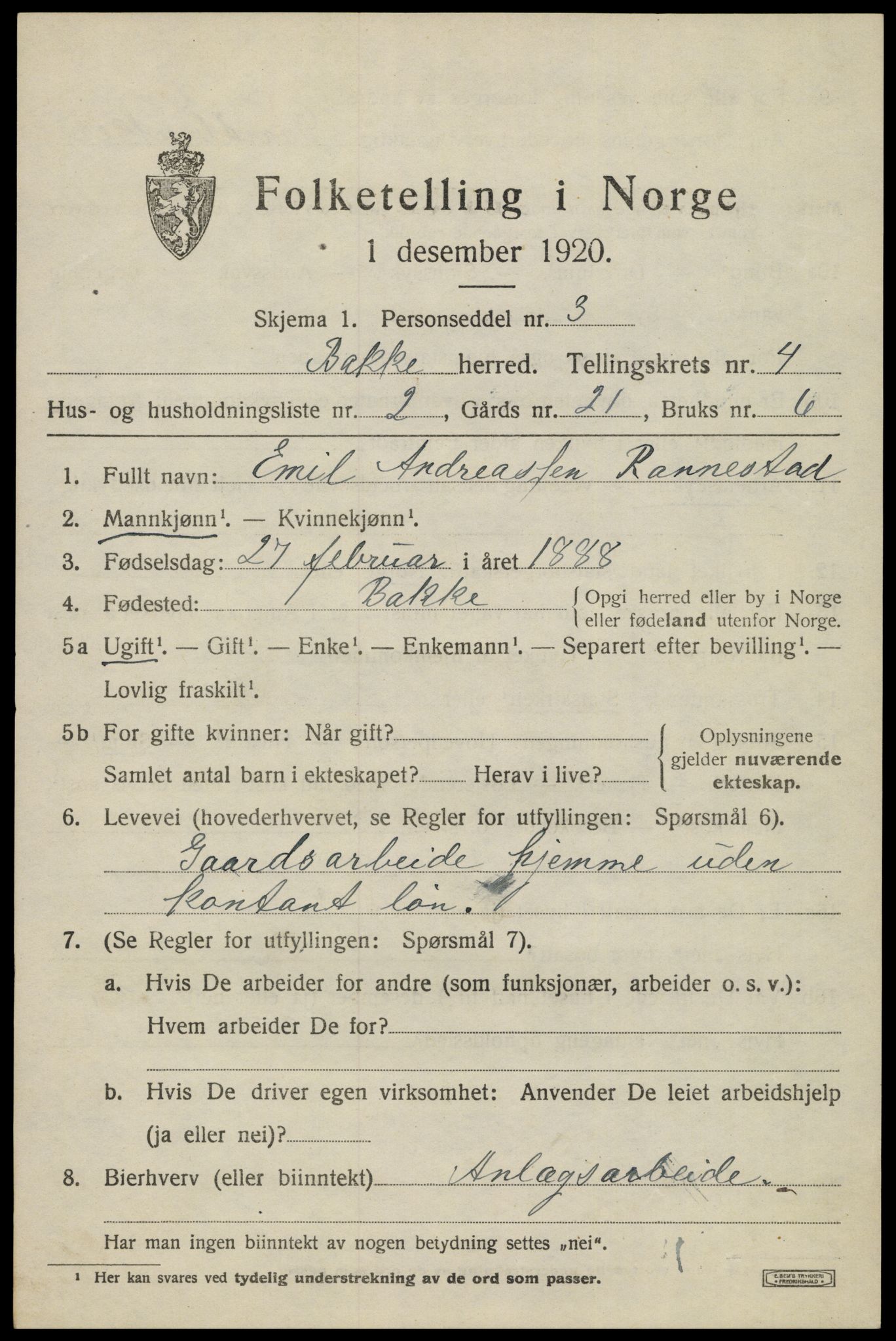 SAK, 1920 census for Bakke, 1920, p. 1238