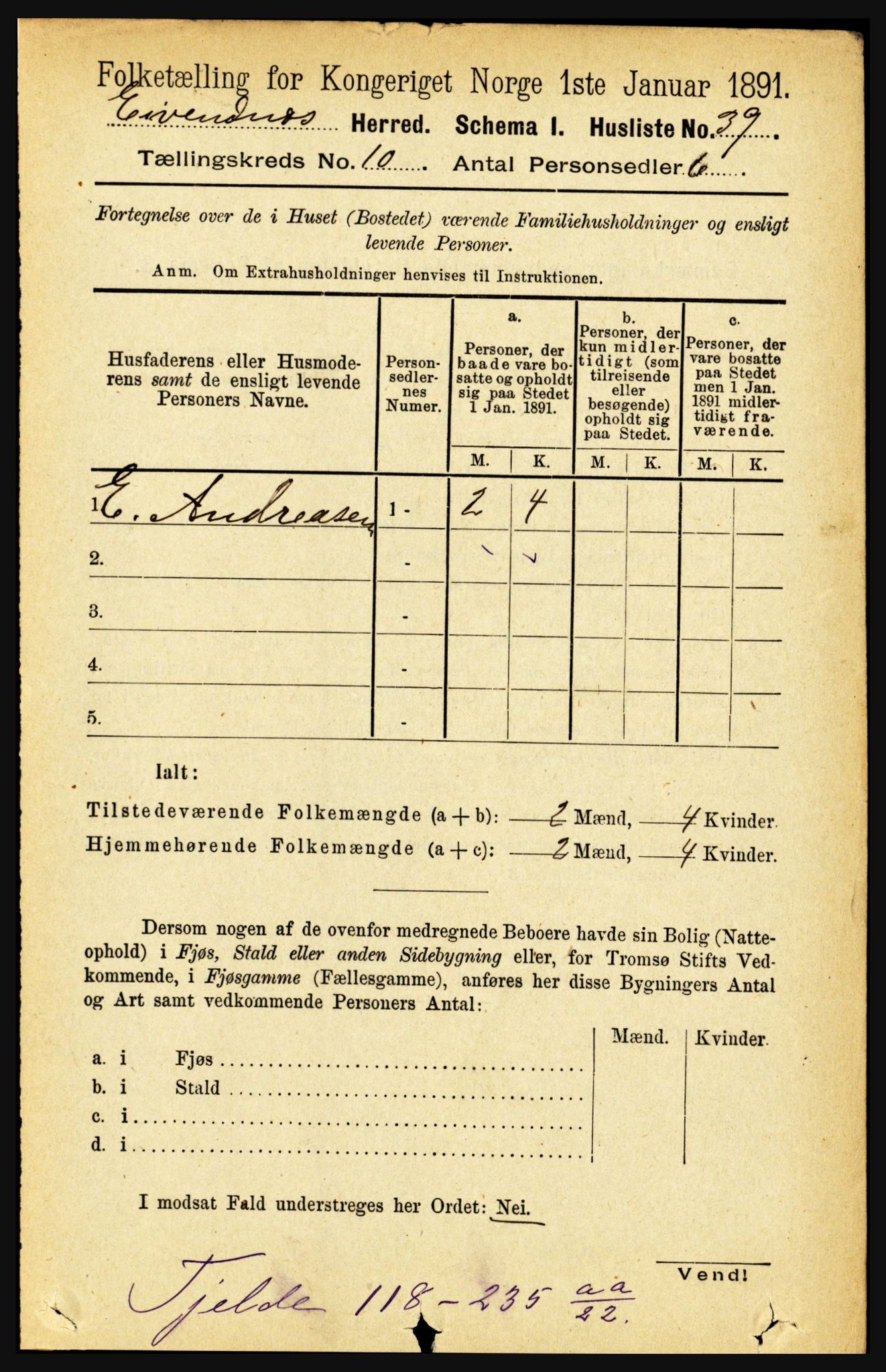 RA, 1891 census for 1853 Evenes, 1891, p. 3127