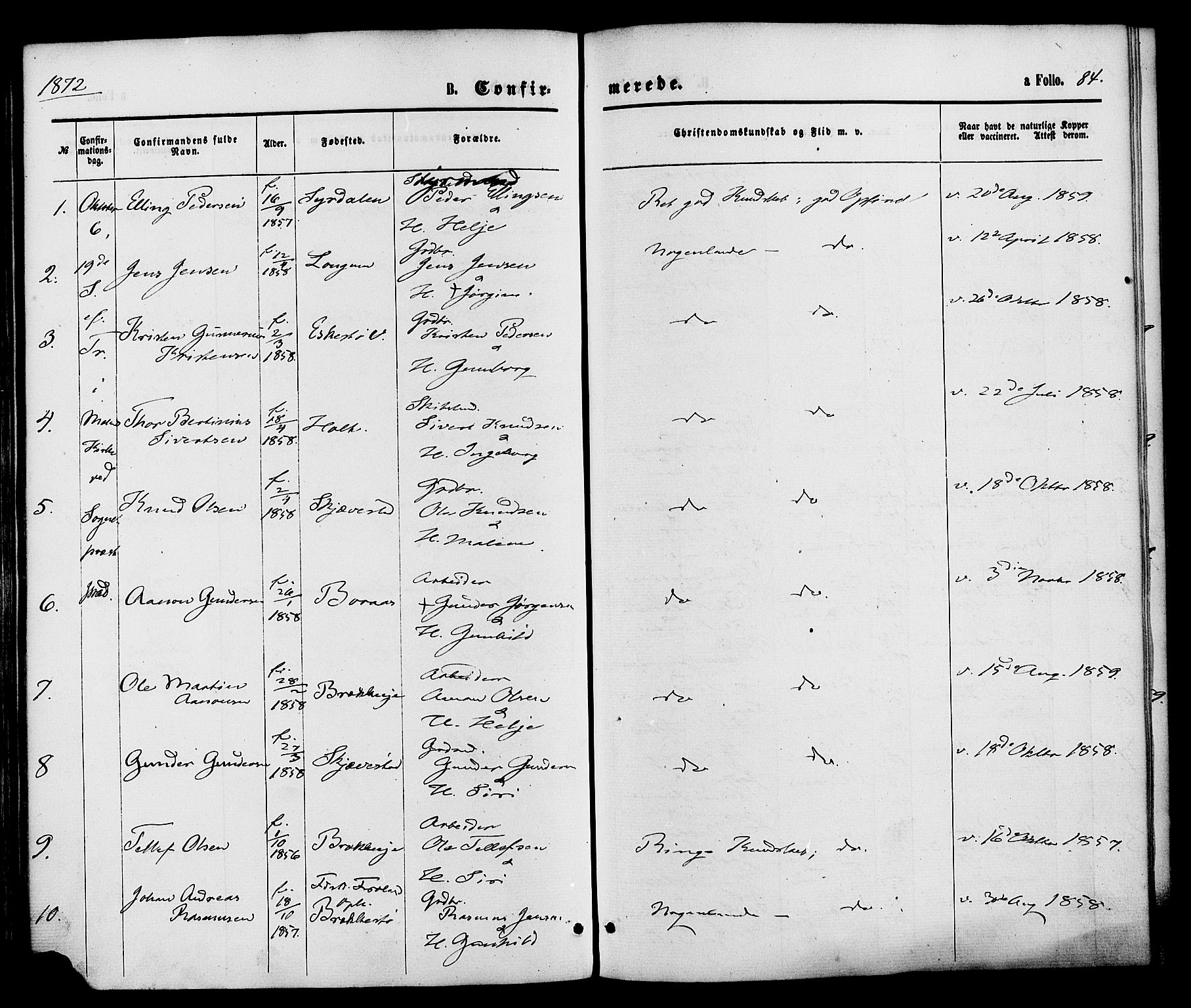 Austre Moland sokneprestkontor, AV/SAK-1111-0001/F/Fa/Faa/L0009: Parish register (official) no. A 9, 1869-1879, p. 84