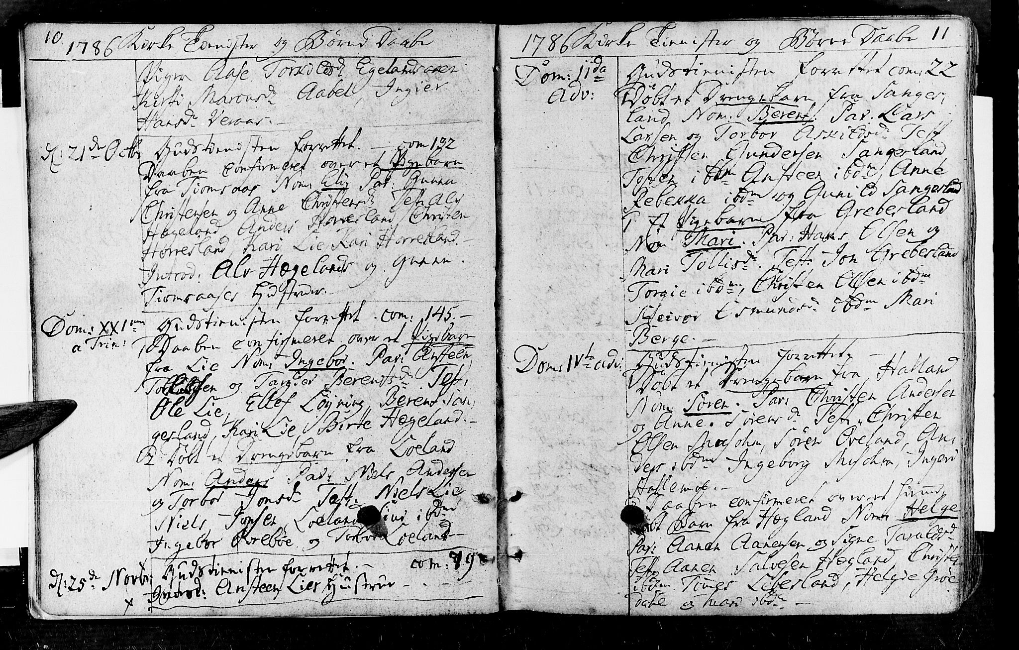 Vennesla sokneprestkontor, SAK/1111-0045/Fa/Fac/L0002: Parish register (official) no. A 2, 1785-1834, p. 10-11