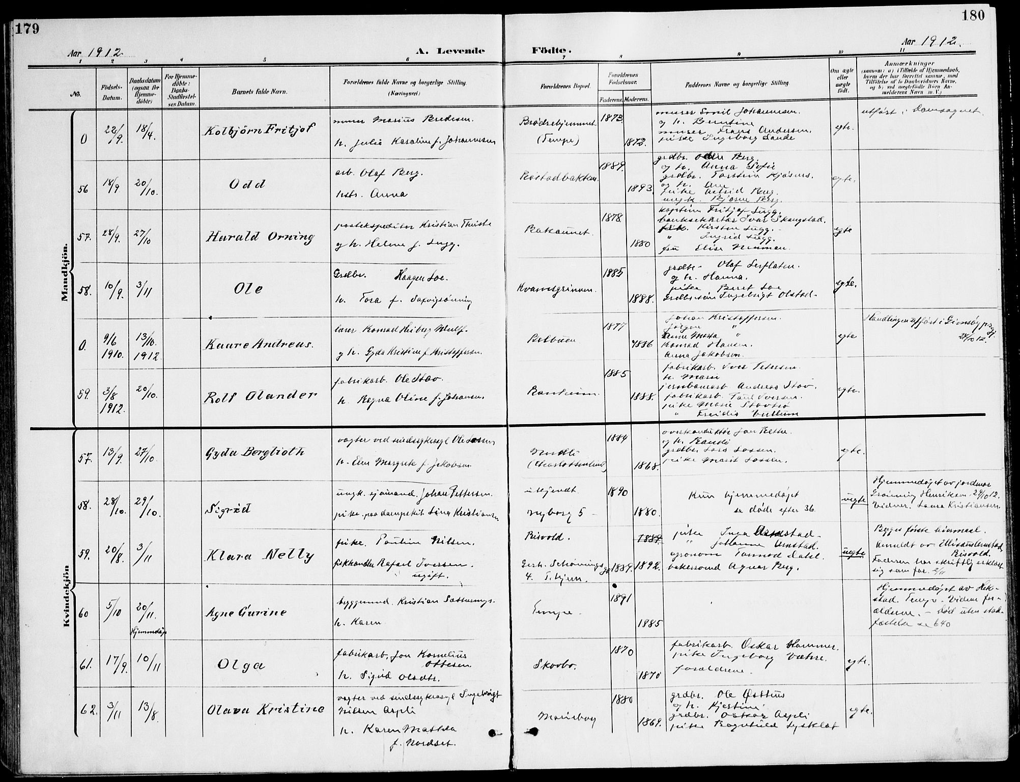 Ministerialprotokoller, klokkerbøker og fødselsregistre - Sør-Trøndelag, AV/SAT-A-1456/607/L0320: Parish register (official) no. 607A04, 1907-1915, p. 179-180