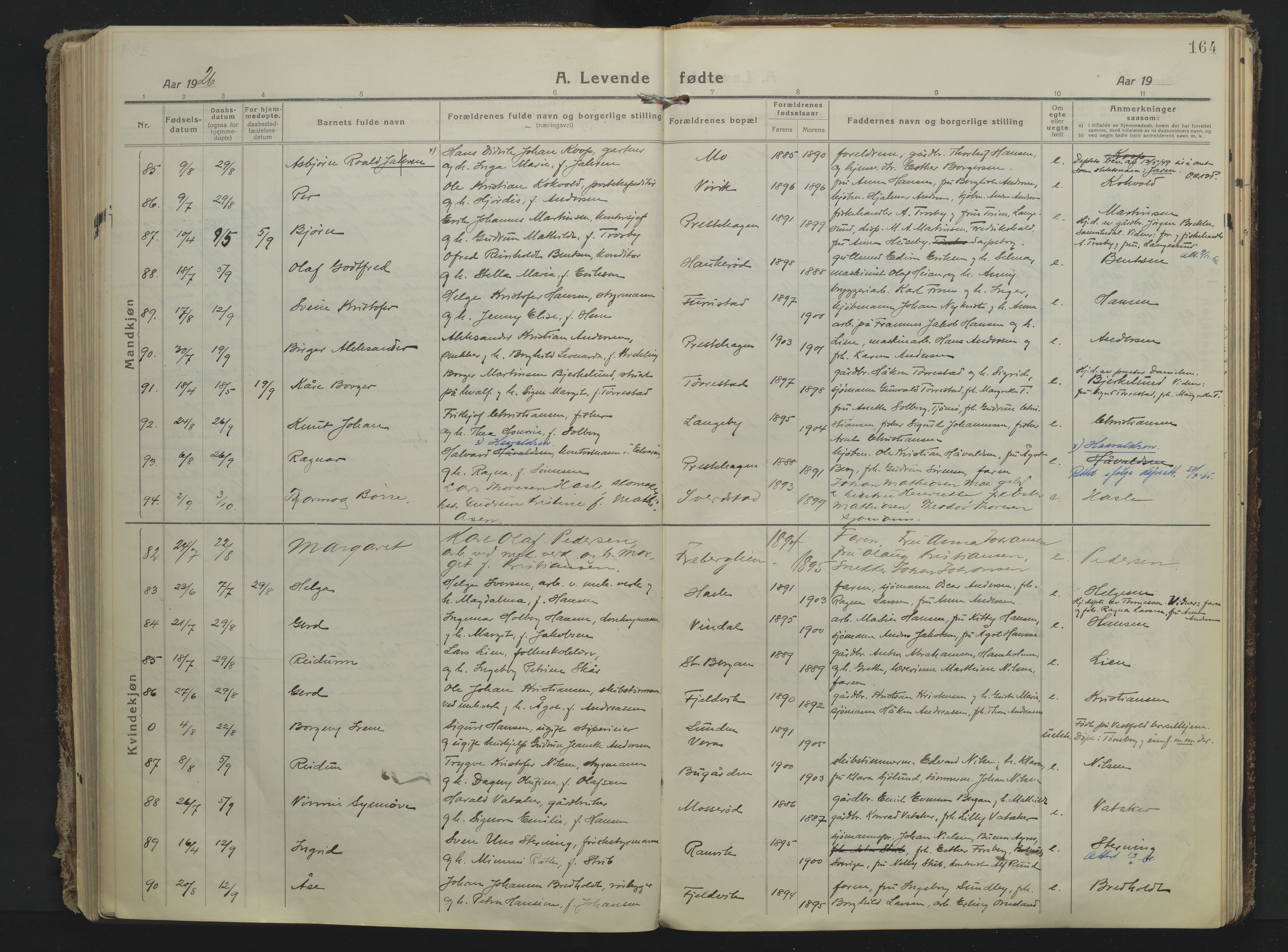 Sandar kirkebøker, AV/SAKO-A-243/F/Fa/L0022: Parish register (official) no. 22, 1919-1931, p. 164