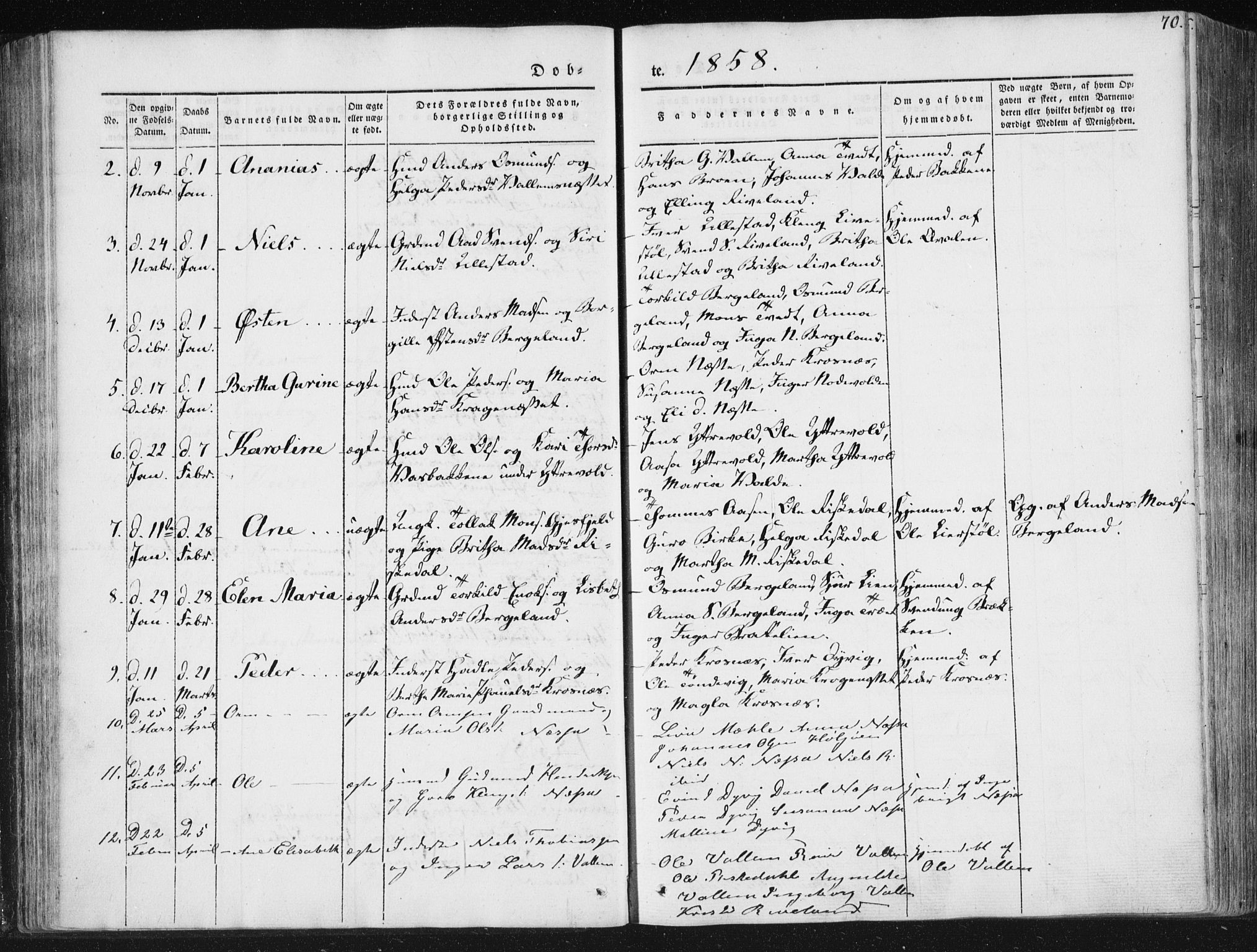 Hjelmeland sokneprestkontor, AV/SAST-A-101843/01/IV/L0008: Parish register (official) no. A 8, 1842-1861, p. 70