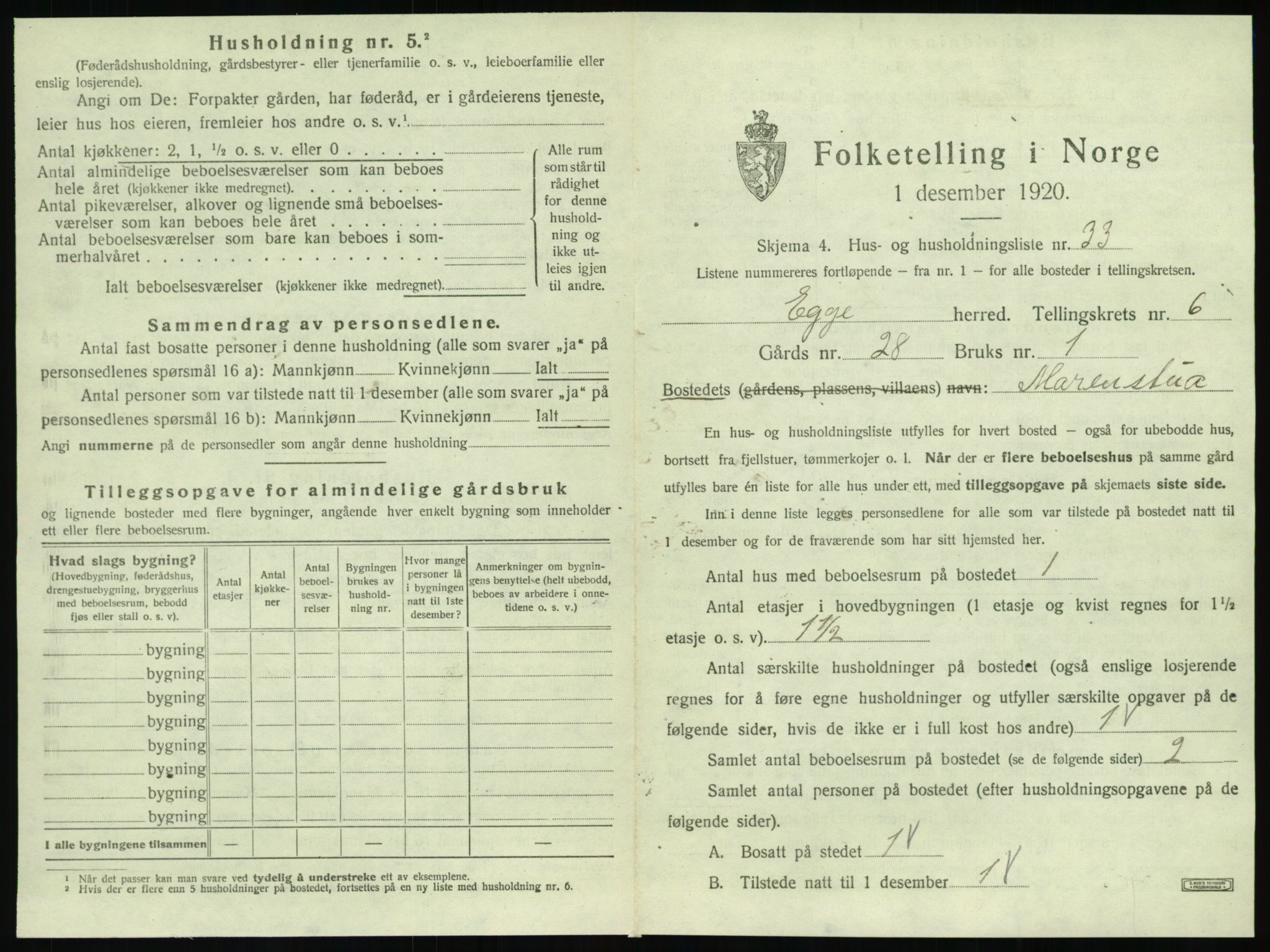 SAT, 1920 census for Egge, 1920, p. 580