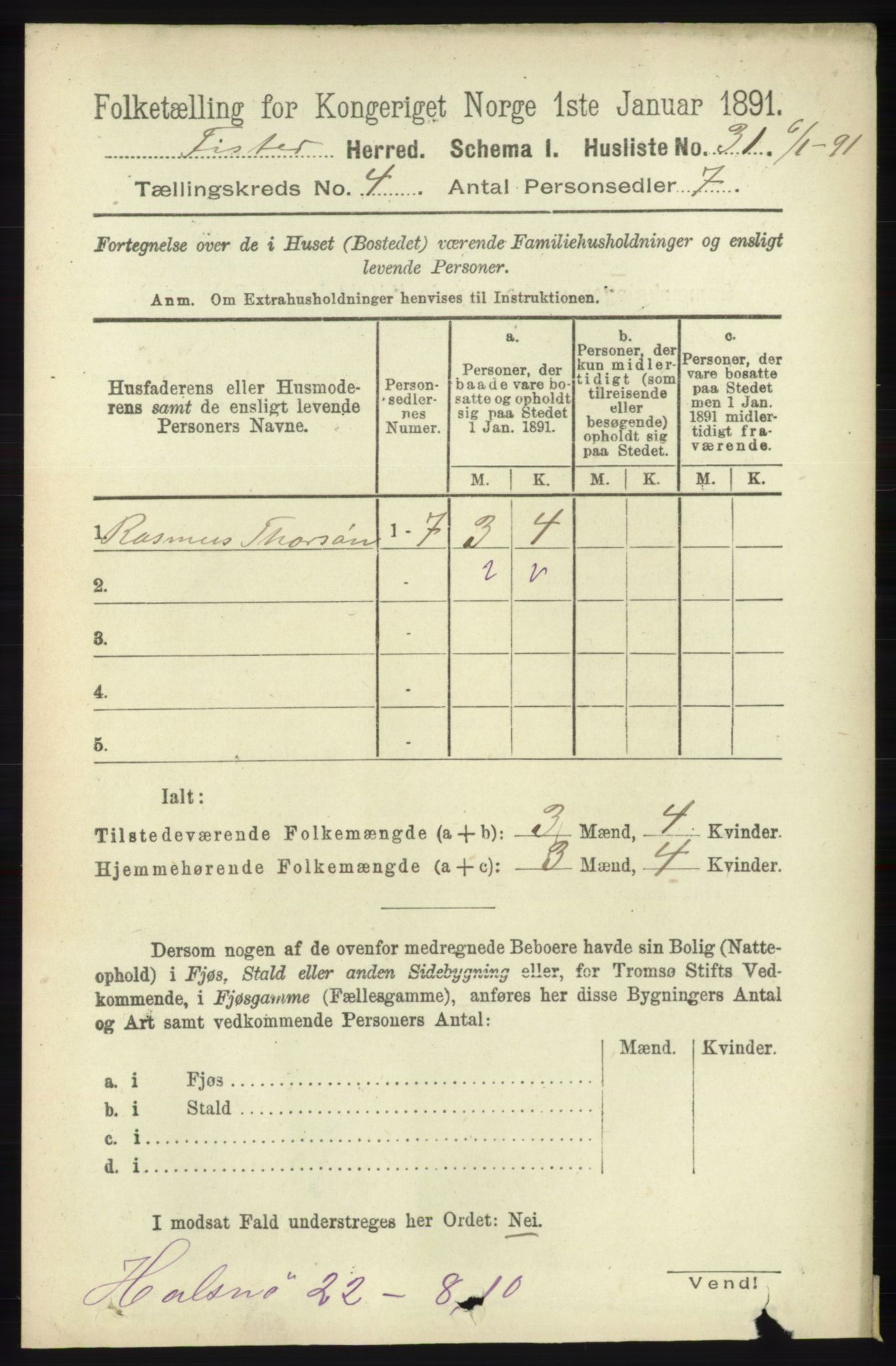 RA, 1891 census for 1132 Fister, 1891, p. 851