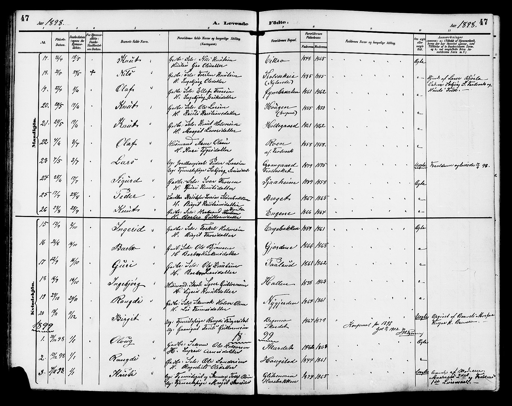 Gol kirkebøker, AV/SAKO-A-226/G/Ga/L0003: Parish register (copy) no. I 3, 1887-1914, p. 47