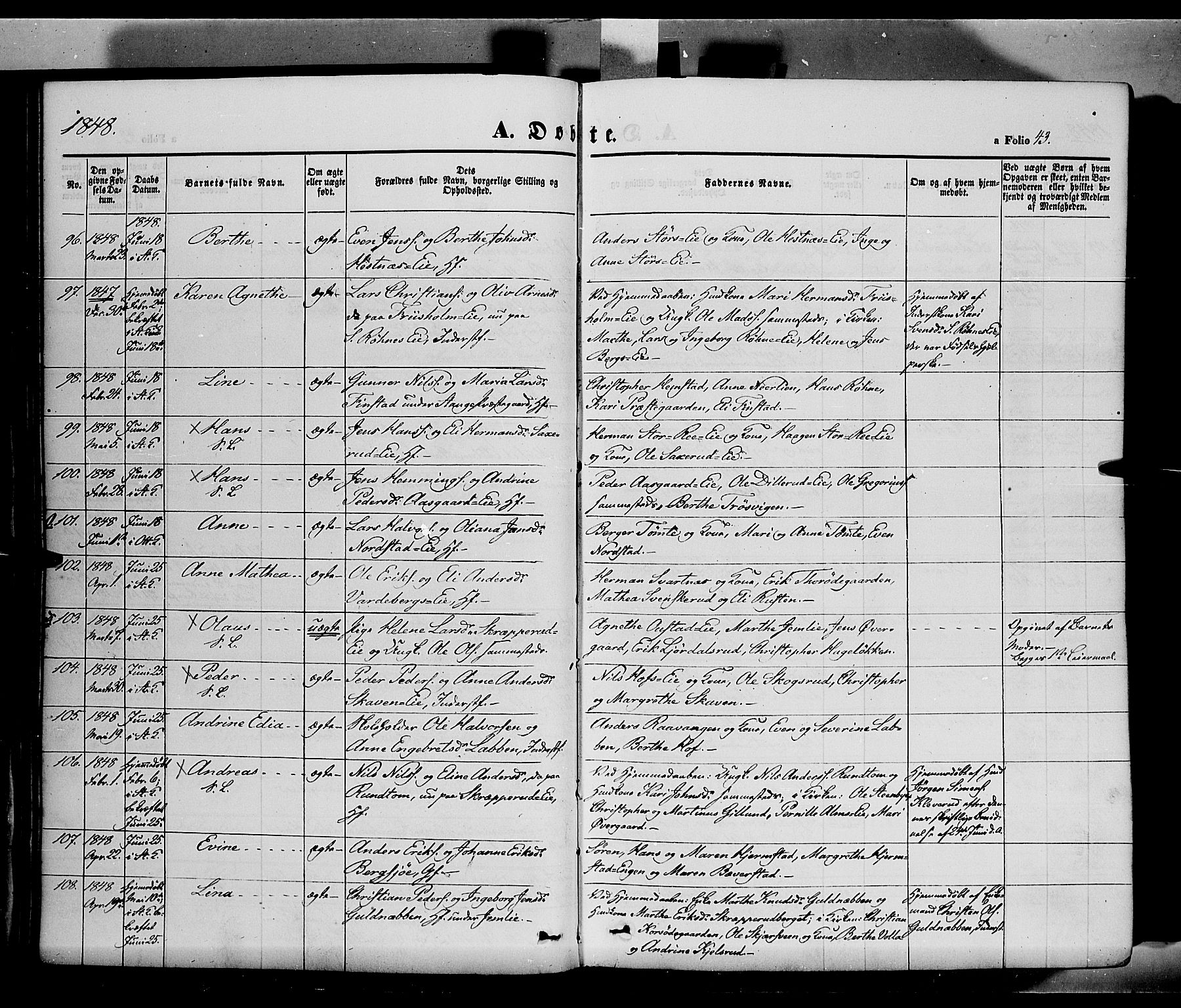 Stange prestekontor, SAH/PREST-002/K/L0011: Parish register (official) no. 11, 1846-1852, p. 43