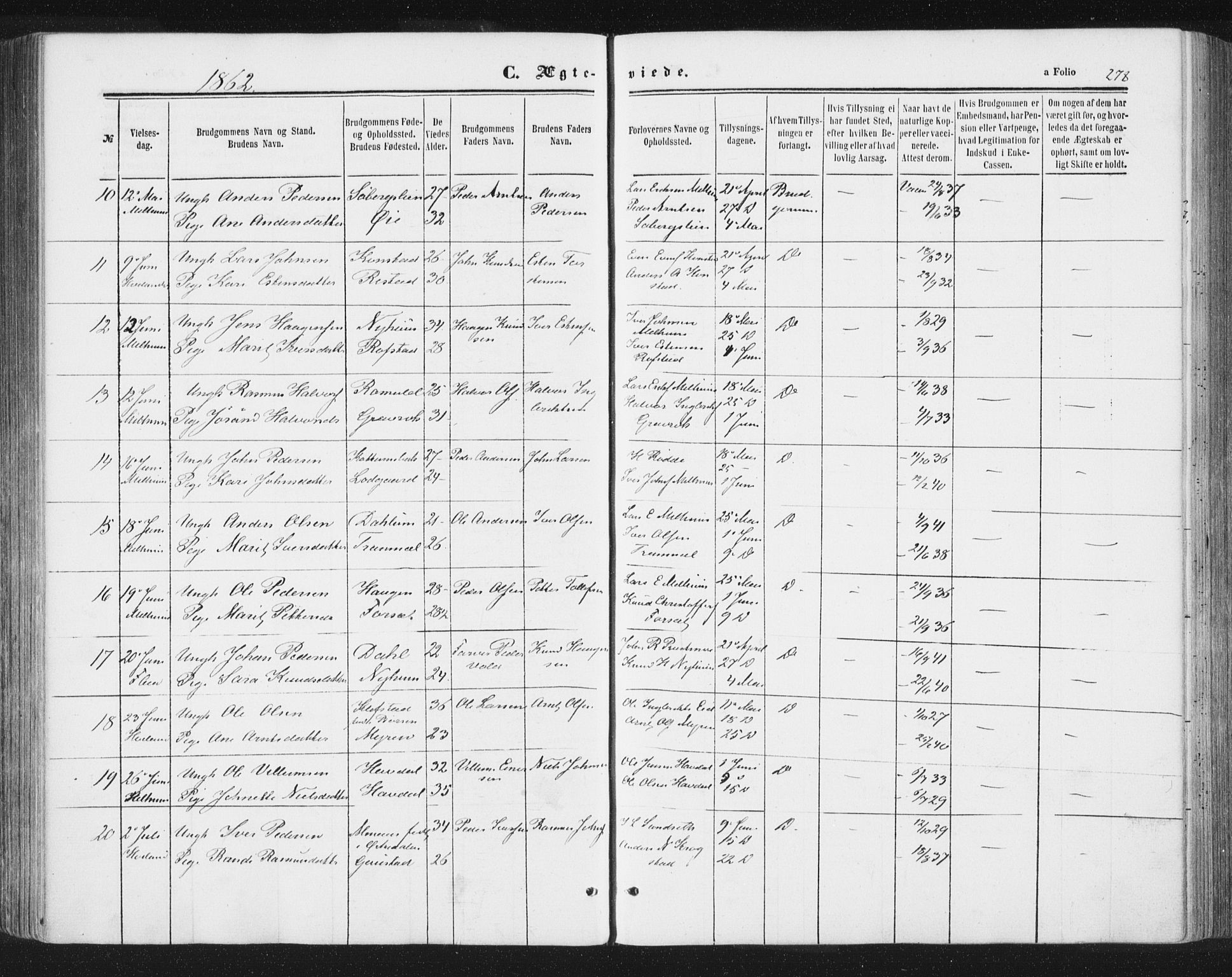 Ministerialprotokoller, klokkerbøker og fødselsregistre - Sør-Trøndelag, SAT/A-1456/691/L1077: Parish register (official) no. 691A09, 1862-1873, p. 278