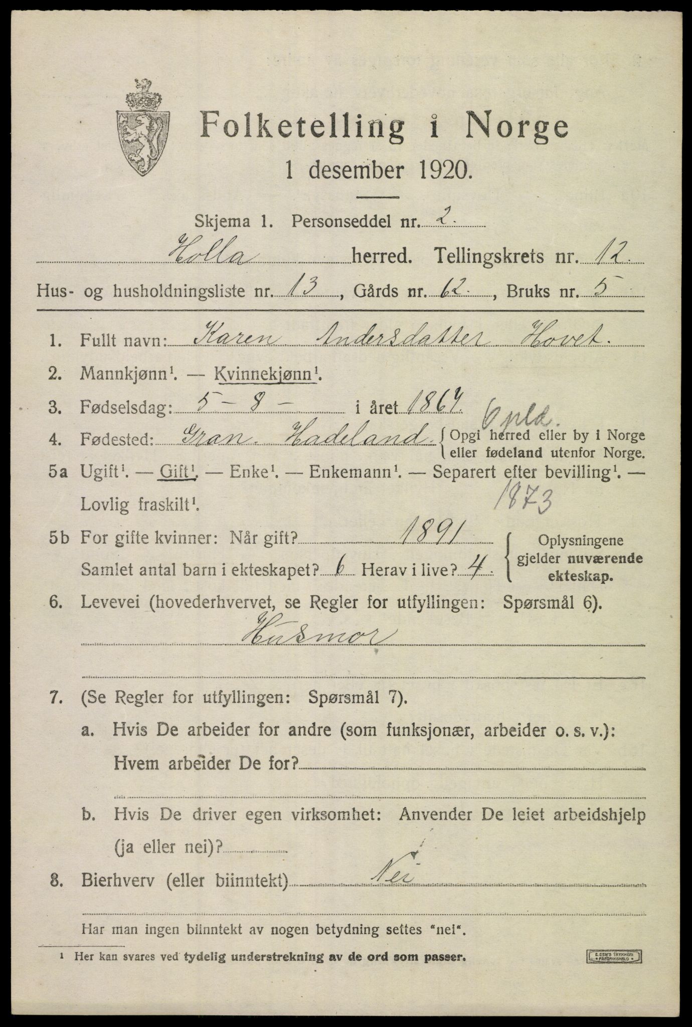 SAKO, 1920 census for Holla, 1920, p. 7577