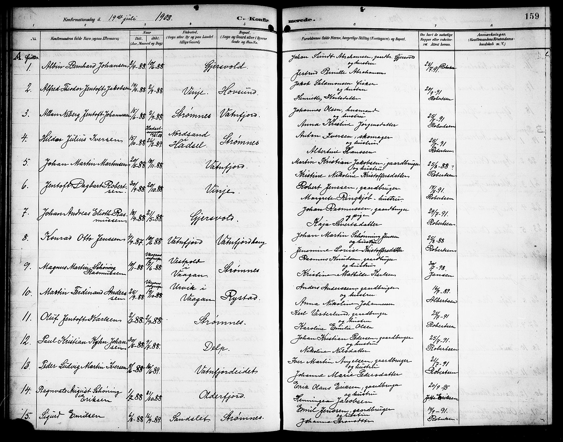 Ministerialprotokoller, klokkerbøker og fødselsregistre - Nordland, AV/SAT-A-1459/876/L1105: Parish register (copy) no. 876C04, 1896-1914, p. 159