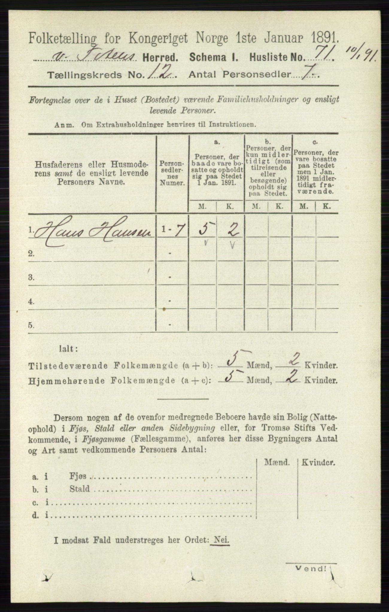 RA, 1891 census for 0529 Vestre Toten, 1891, p. 7271