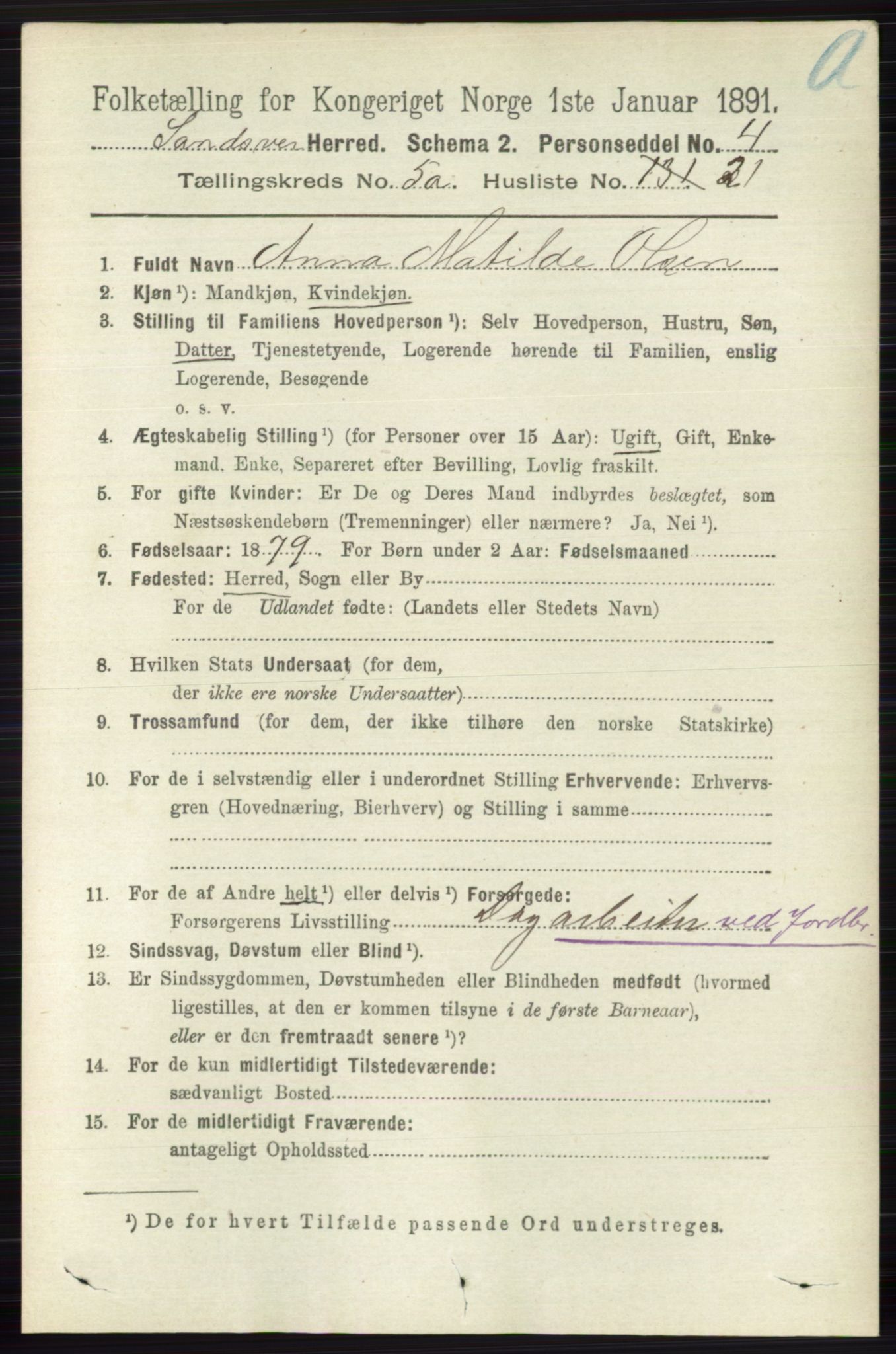 RA, 1891 census for 0629 Sandsvær, 1891, p. 2602