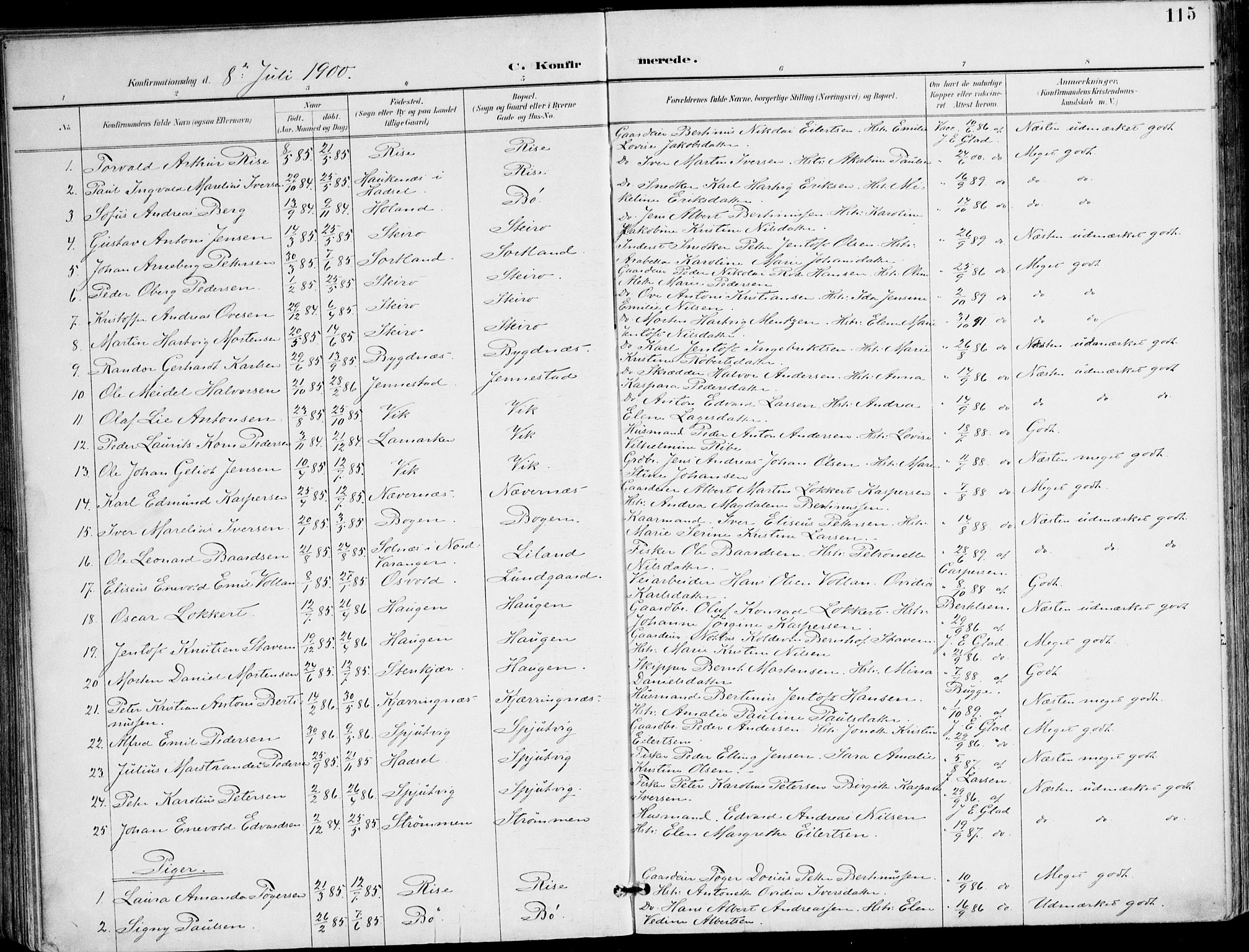 Ministerialprotokoller, klokkerbøker og fødselsregistre - Nordland, AV/SAT-A-1459/895/L1372: Parish register (official) no. 895A07, 1894-1914, p. 115