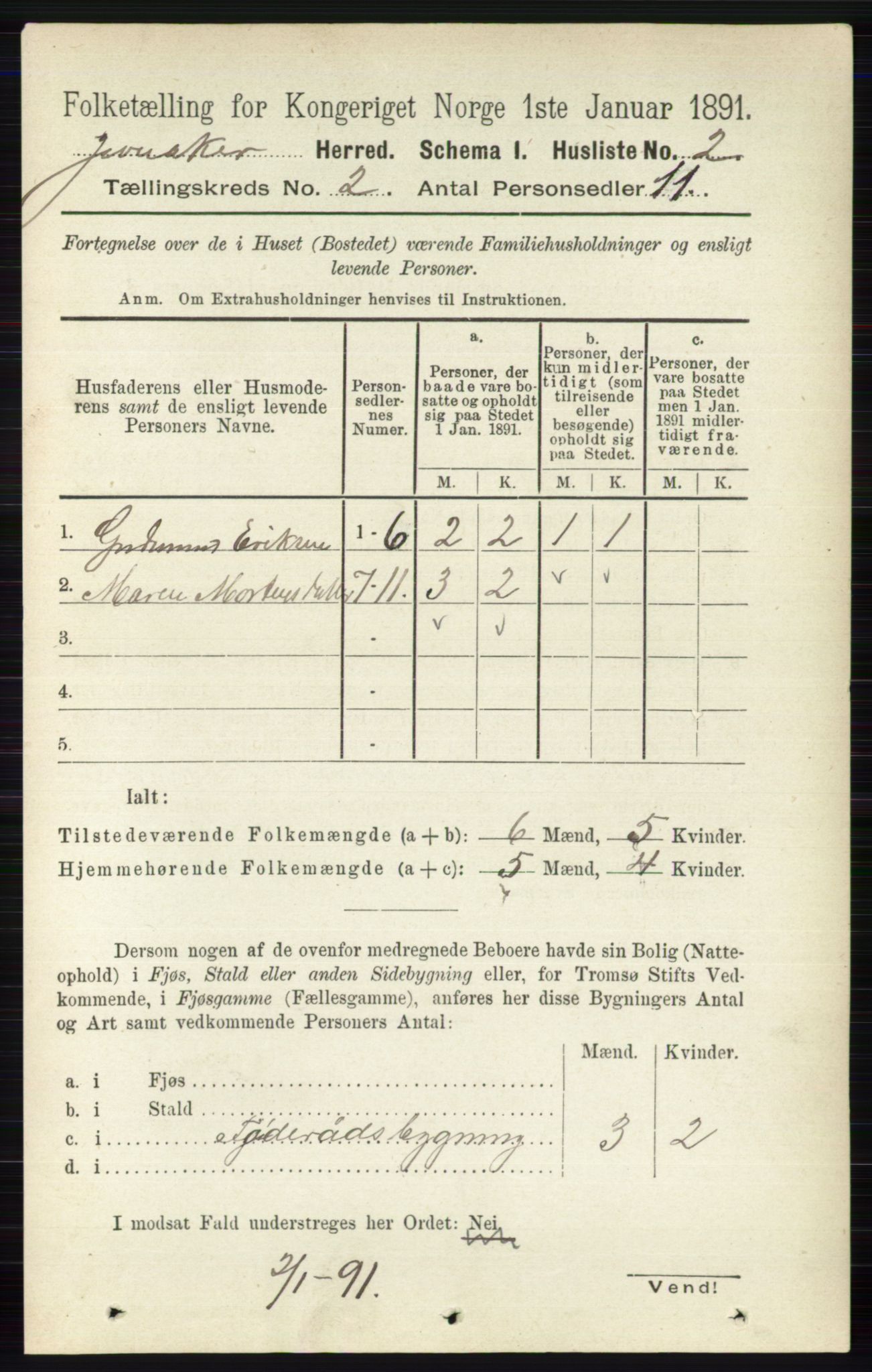 RA, 1891 census for 0532 Jevnaker, 1891, p. 558