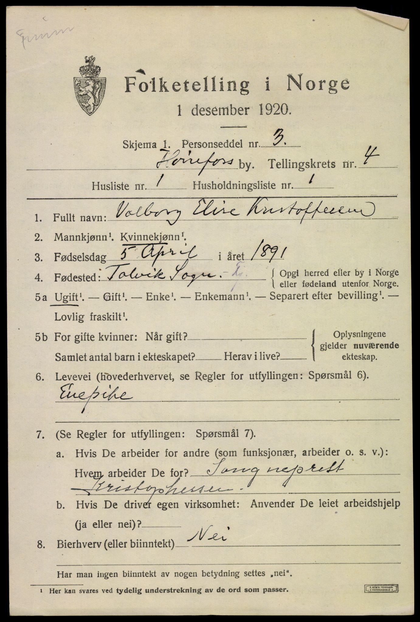 SAKO, 1920 census for Hønefoss, 1920, p. 5958