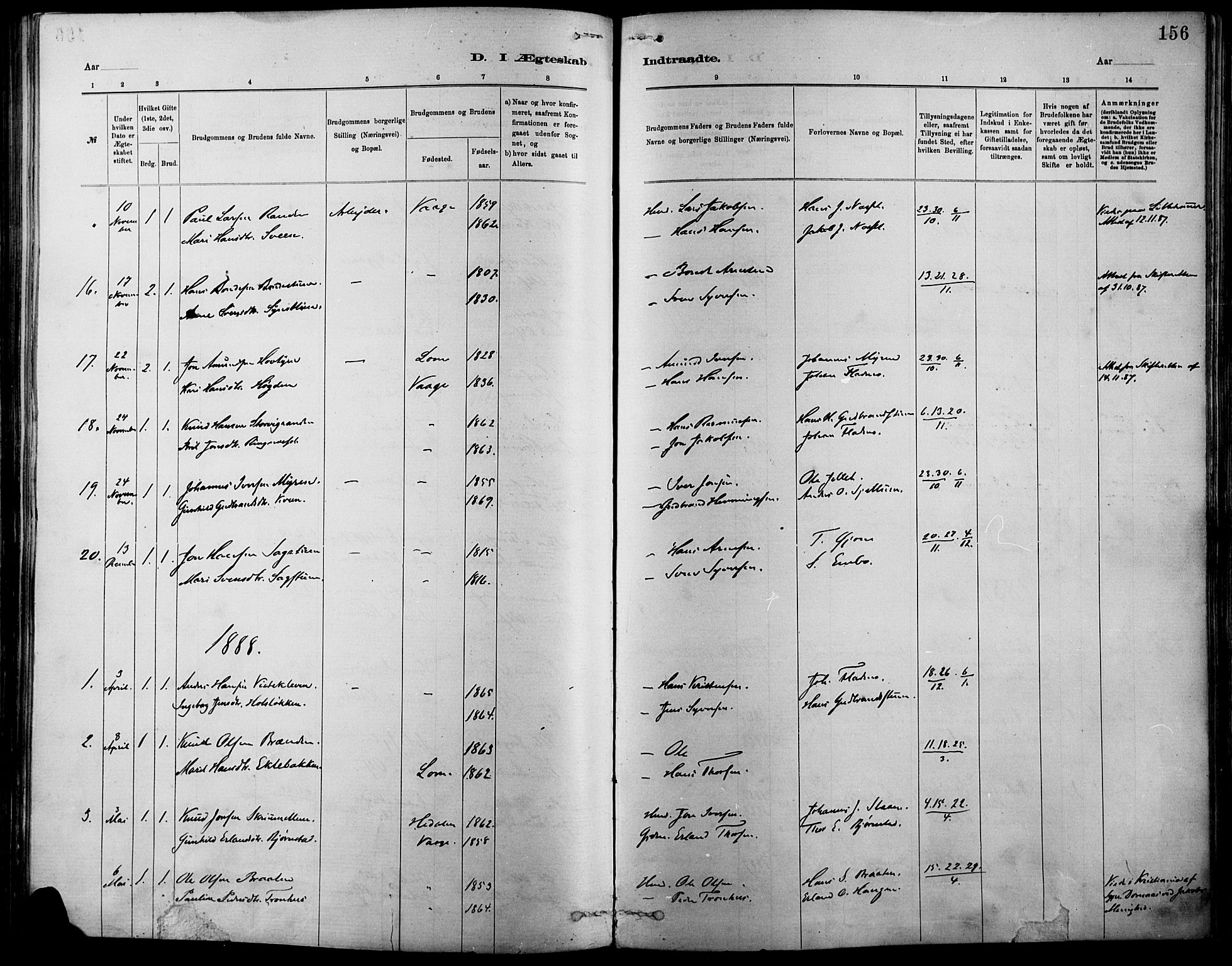 Vågå prestekontor, SAH/PREST-076/H/Ha/Haa/L0009: Parish register (official) no. 9, 1886-1904, p. 156