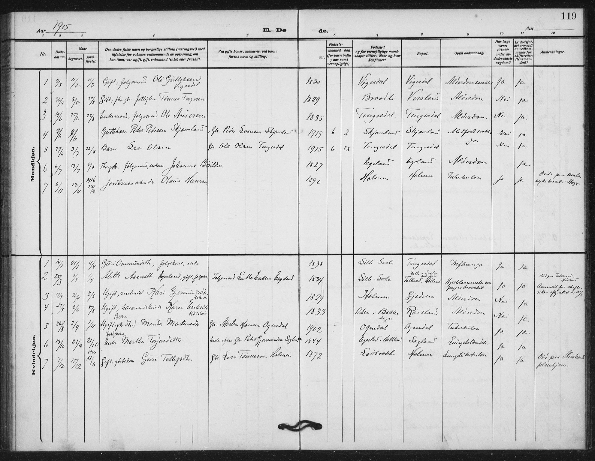 Helleland sokneprestkontor, SAST/A-101810: Parish register (official) no. A 11, 1909-1922, p. 119