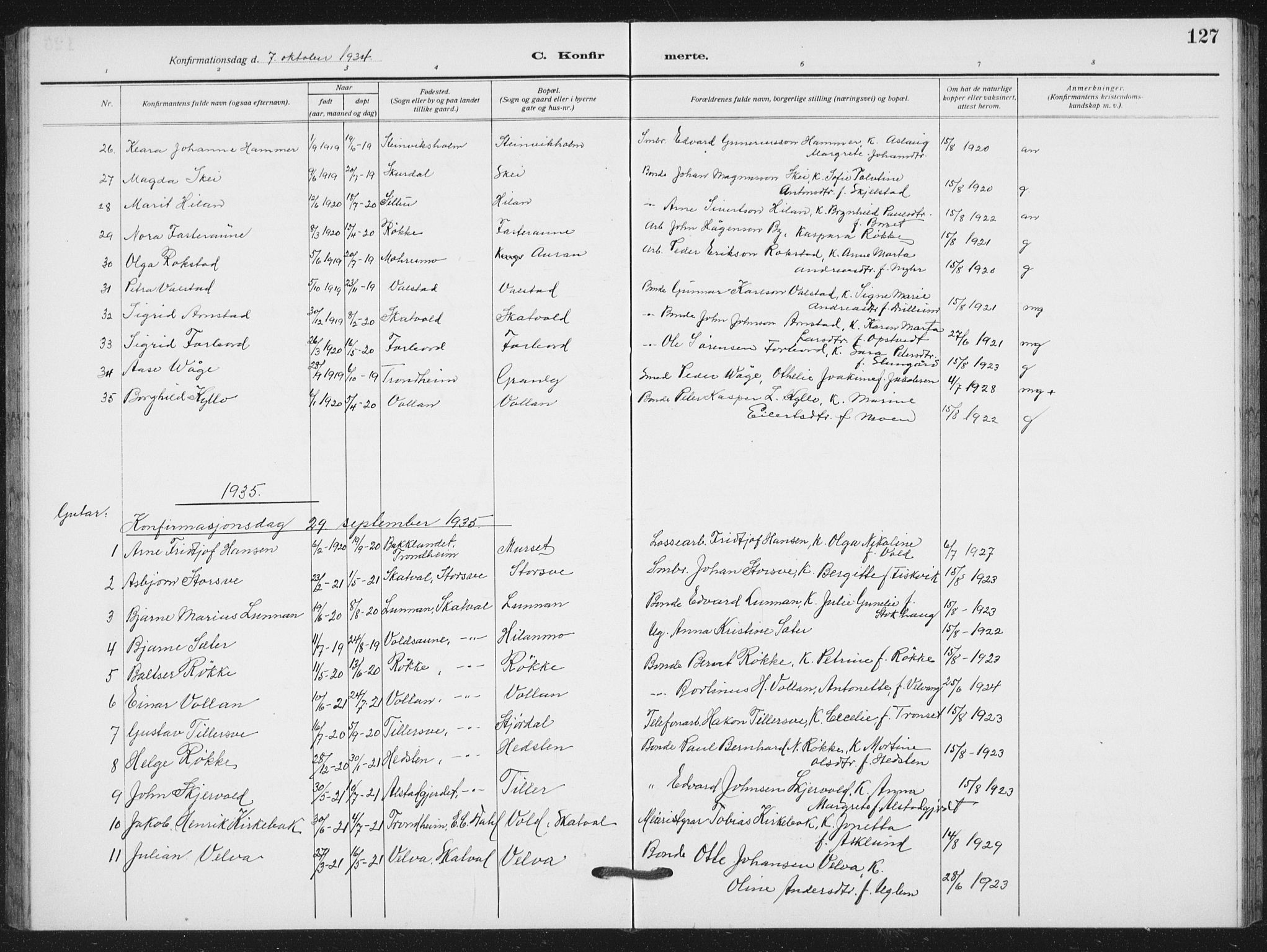 Ministerialprotokoller, klokkerbøker og fødselsregistre - Nord-Trøndelag, SAT/A-1458/712/L0104: Parish register (copy) no. 712C02, 1917-1939, p. 127