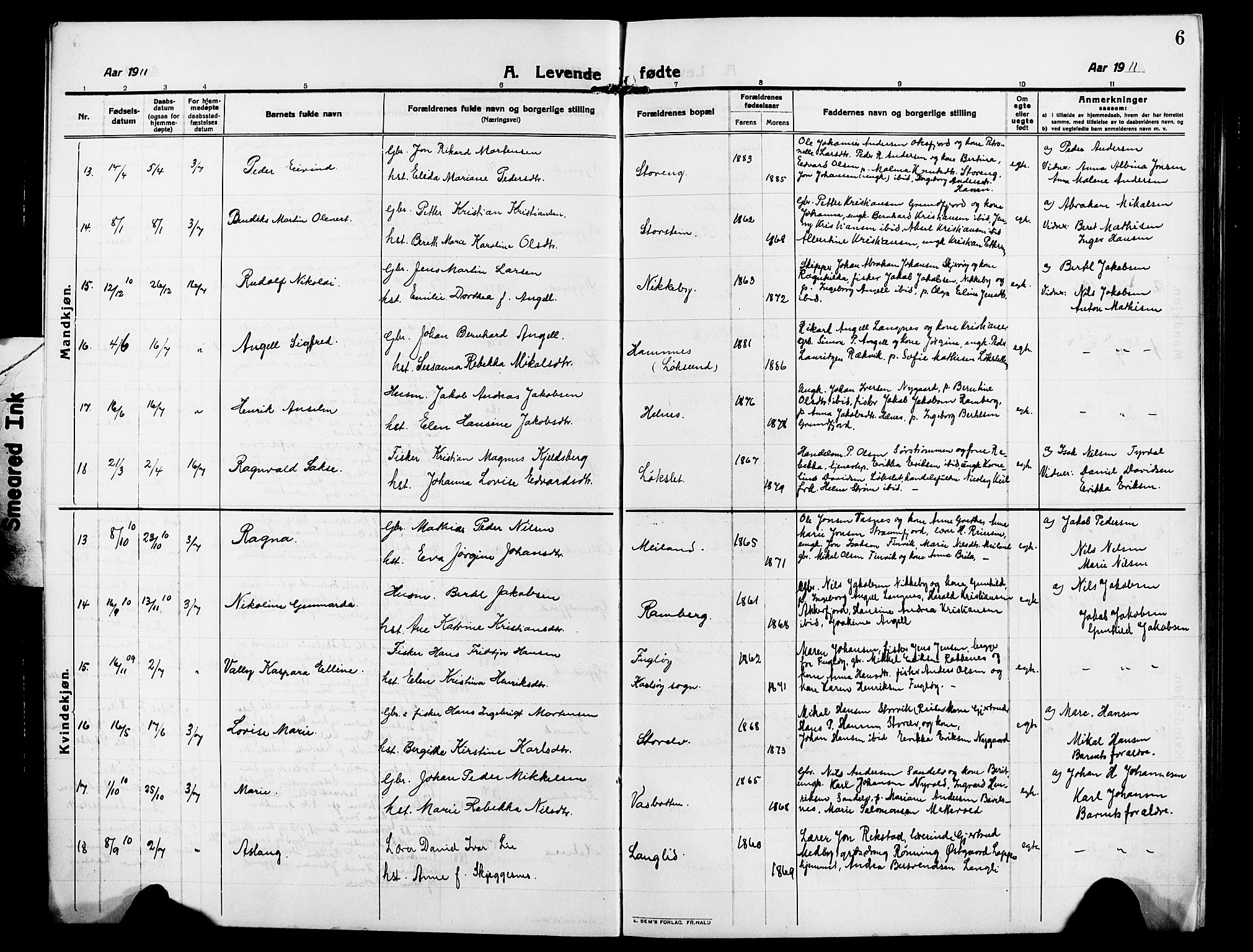 Skjervøy sokneprestkontor, AV/SATØ-S-1300/H/Ha/Hab/L0009klokker: Parish register (copy) no. 9, 1911-1926, p. 6