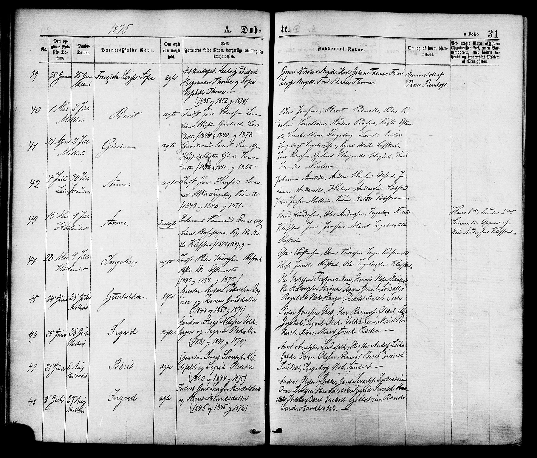 Ministerialprotokoller, klokkerbøker og fødselsregistre - Sør-Trøndelag, AV/SAT-A-1456/691/L1079: Parish register (official) no. 691A11, 1873-1886, p. 31