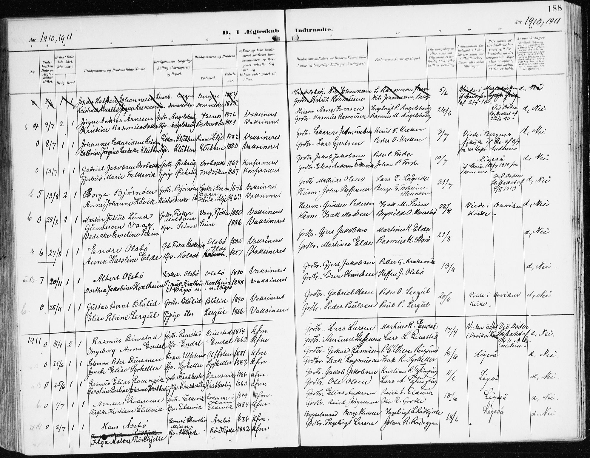 Davik sokneprestembete, AV/SAB-A-79701/H/Haa/Haad/L0002: Parish register (official) no. D 2, 1901-1930, p. 188