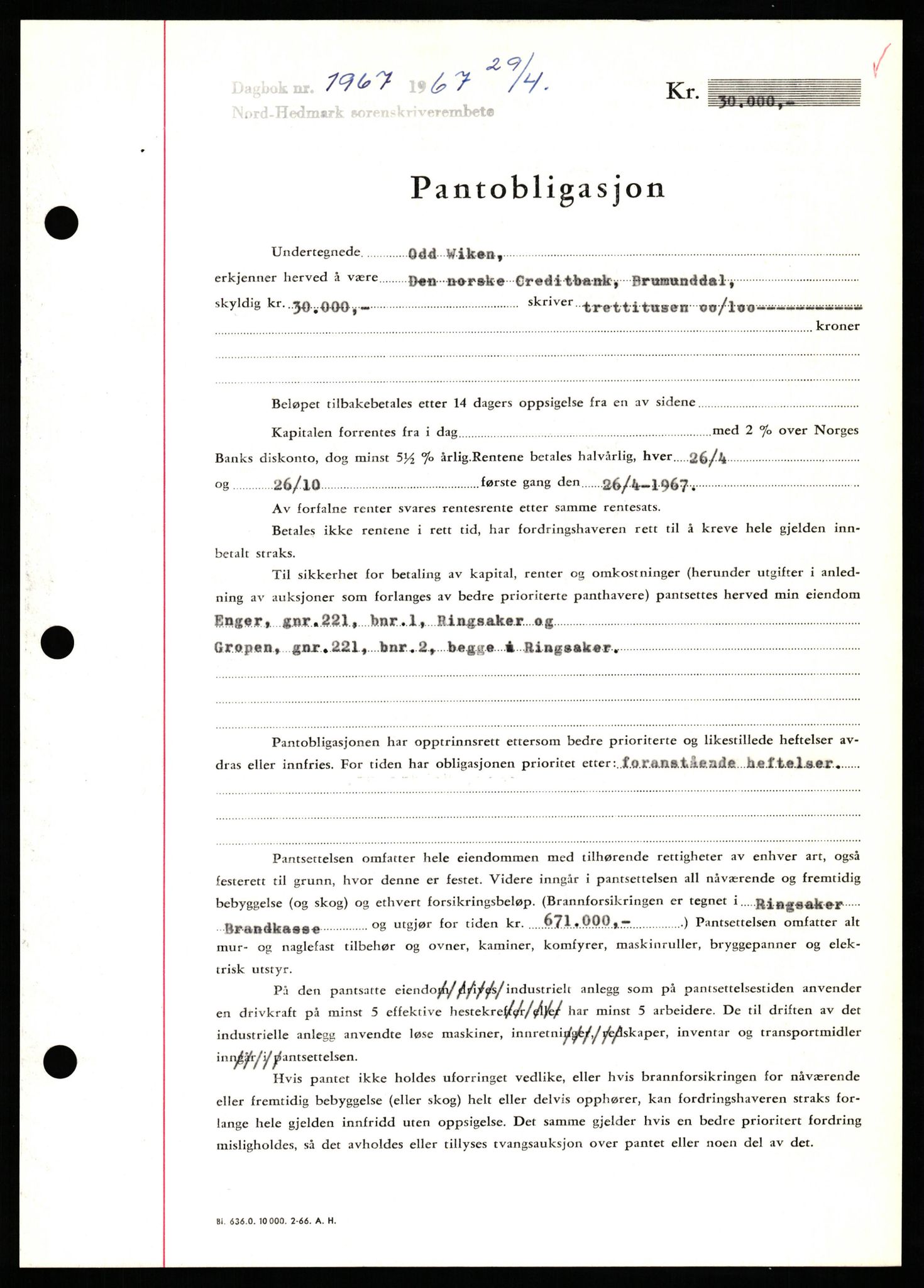 Nord-Hedmark sorenskriveri, SAH/TING-012/H/Hb/Hbf/L0071: Mortgage book no. B71, 1967-1967, Diary no: : 1967/1967