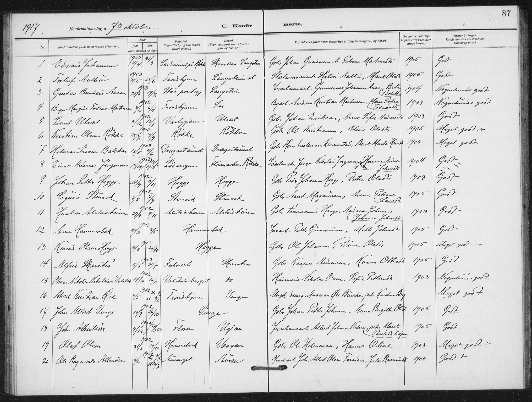 Ministerialprotokoller, klokkerbøker og fødselsregistre - Nord-Trøndelag, AV/SAT-A-1458/712/L0102: Parish register (official) no. 712A03, 1916-1929, p. 87