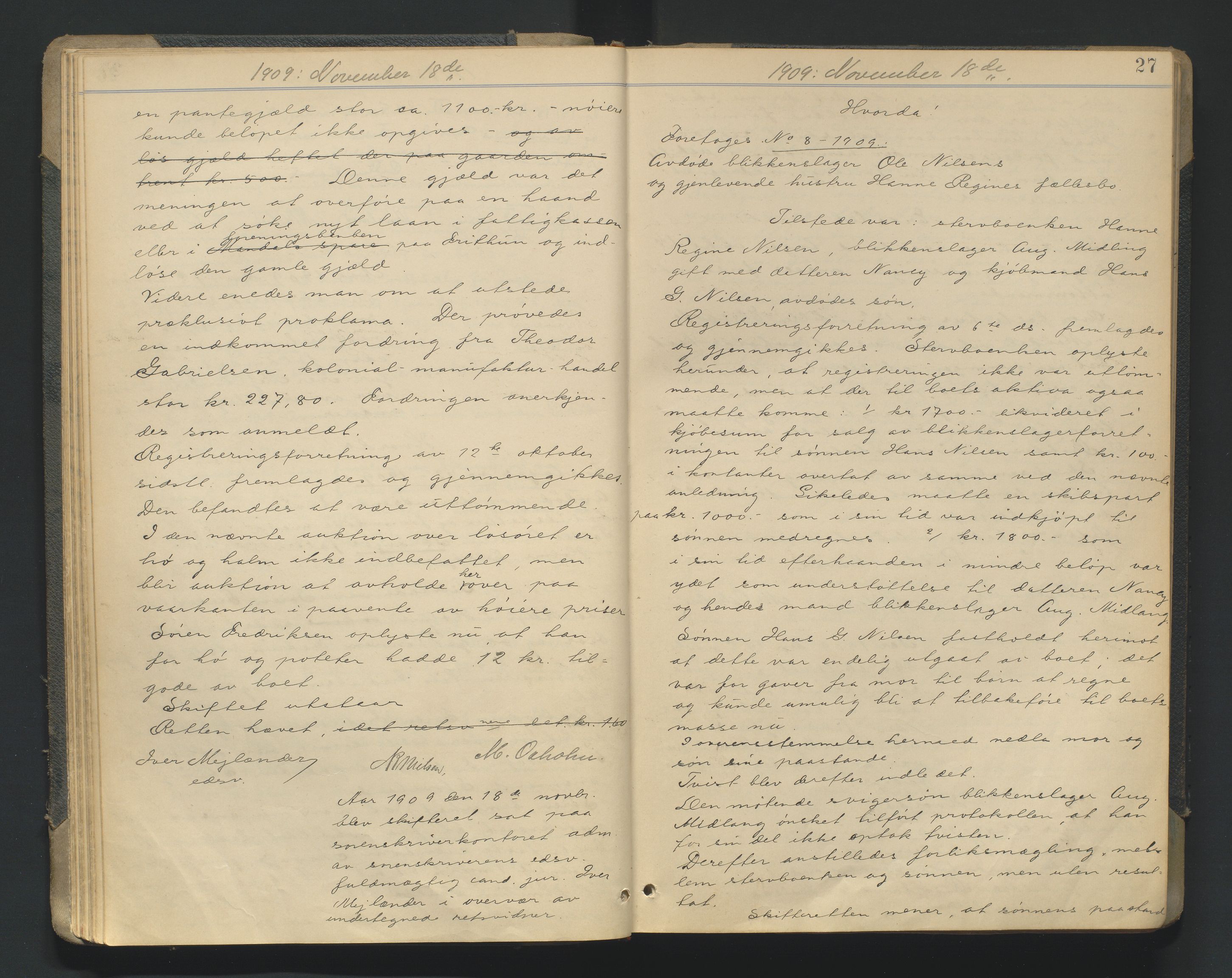 Mandal sorenskriveri, AV/SAK-1221-0005/001/H/Hc/L0081: Skifteforhandlingsprotokoll nr 13, 1909-1913, p. 27