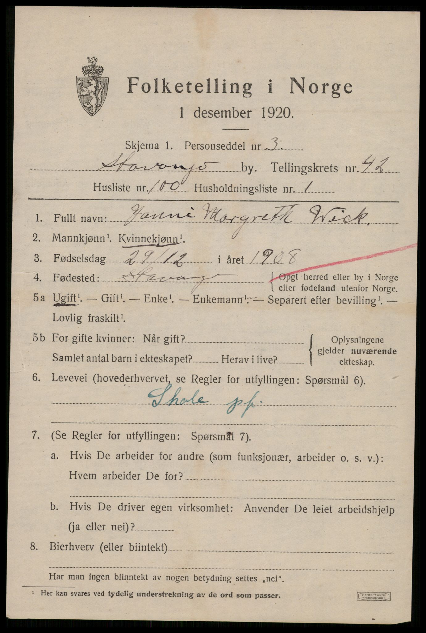 SAST, 1920 census for Stavanger, 1920, p. 106800