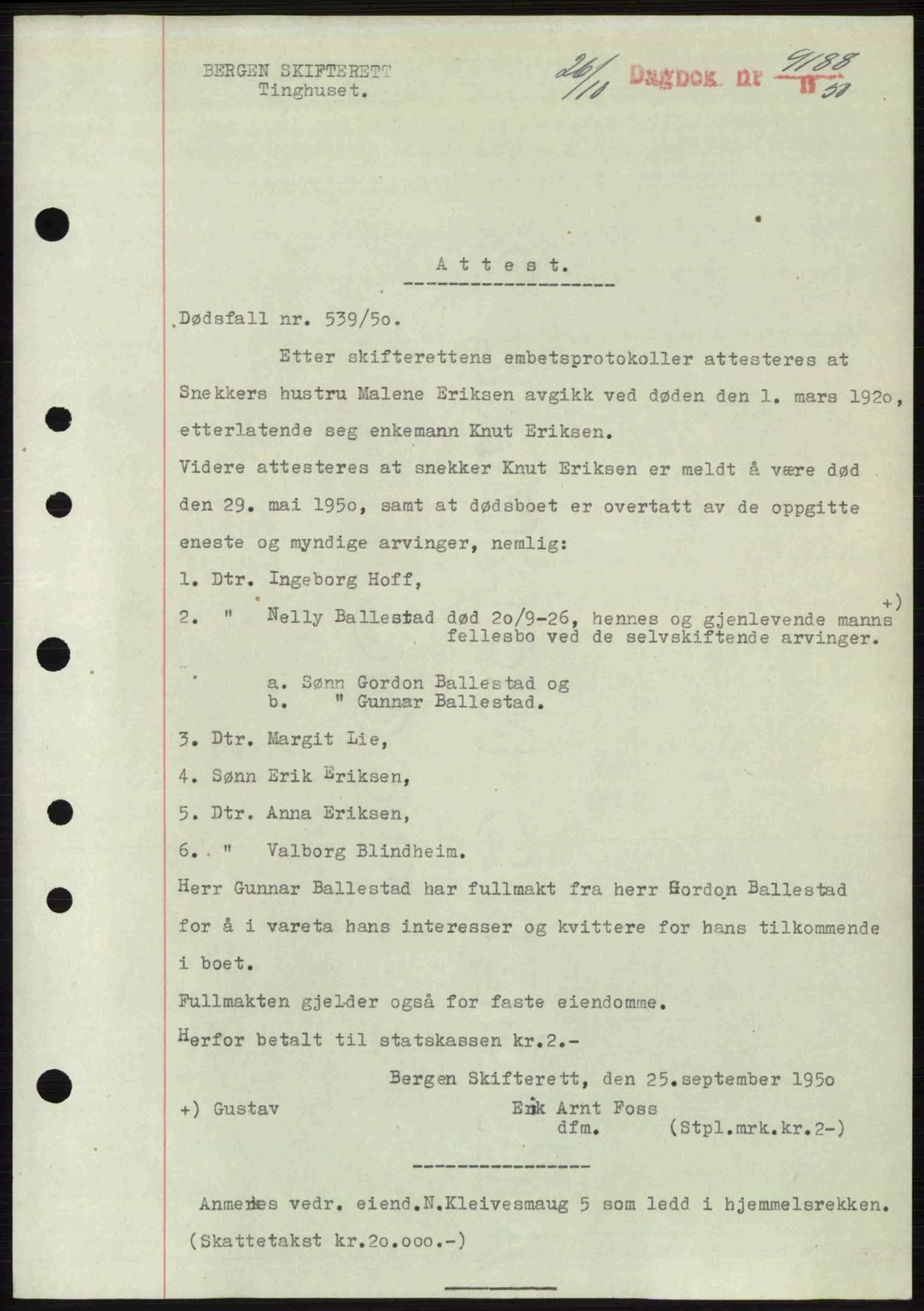 Byfogd og Byskriver i Bergen, SAB/A-3401/03/03Bc/L0034: Mortgage book no. A27-28, 1950-1950, Diary no: : 9188/1950