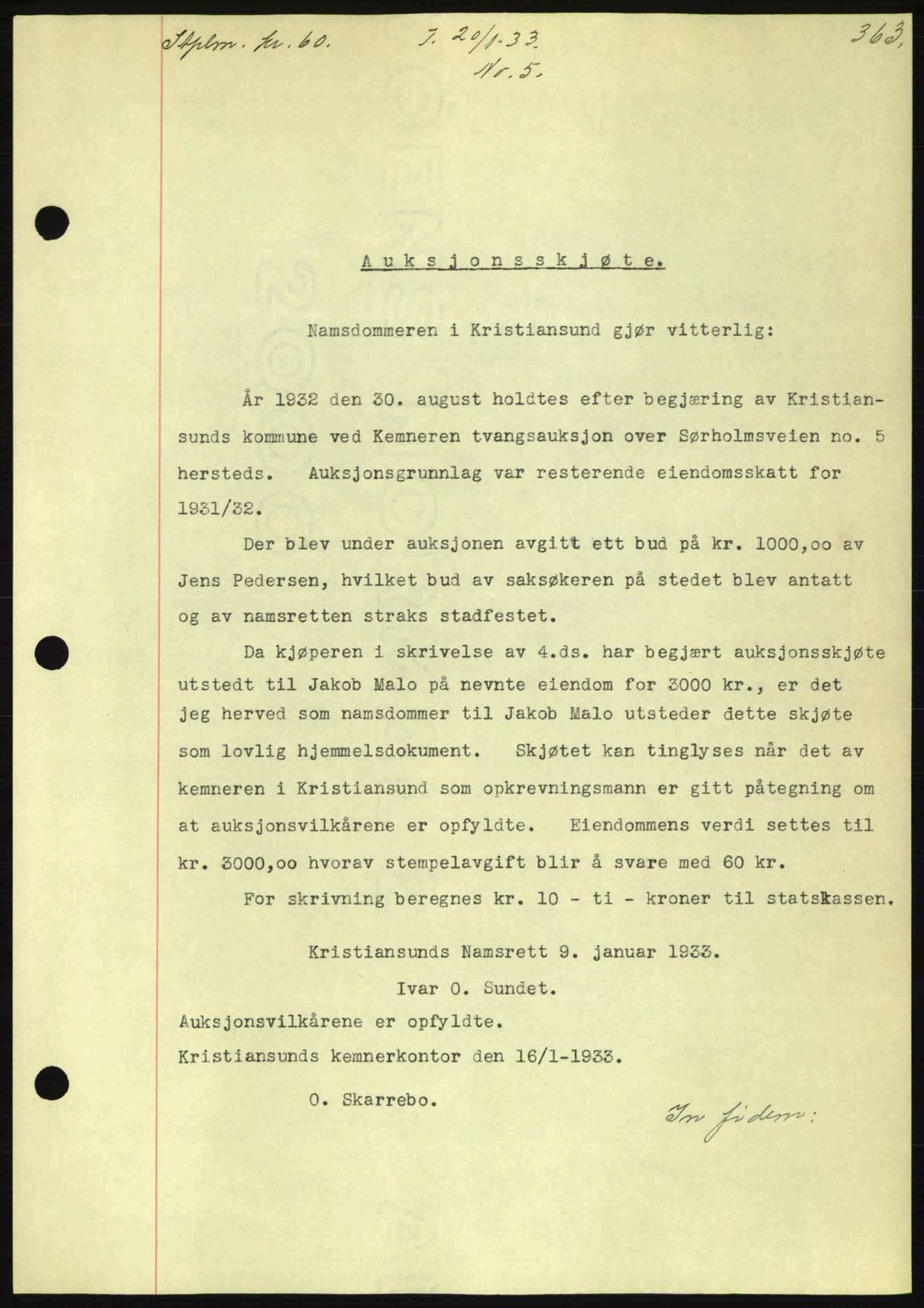 Kristiansund byfogd, AV/SAT-A-4587/A/27: Mortgage book no. 26, 1931-1933, Deed date: 20.01.1933