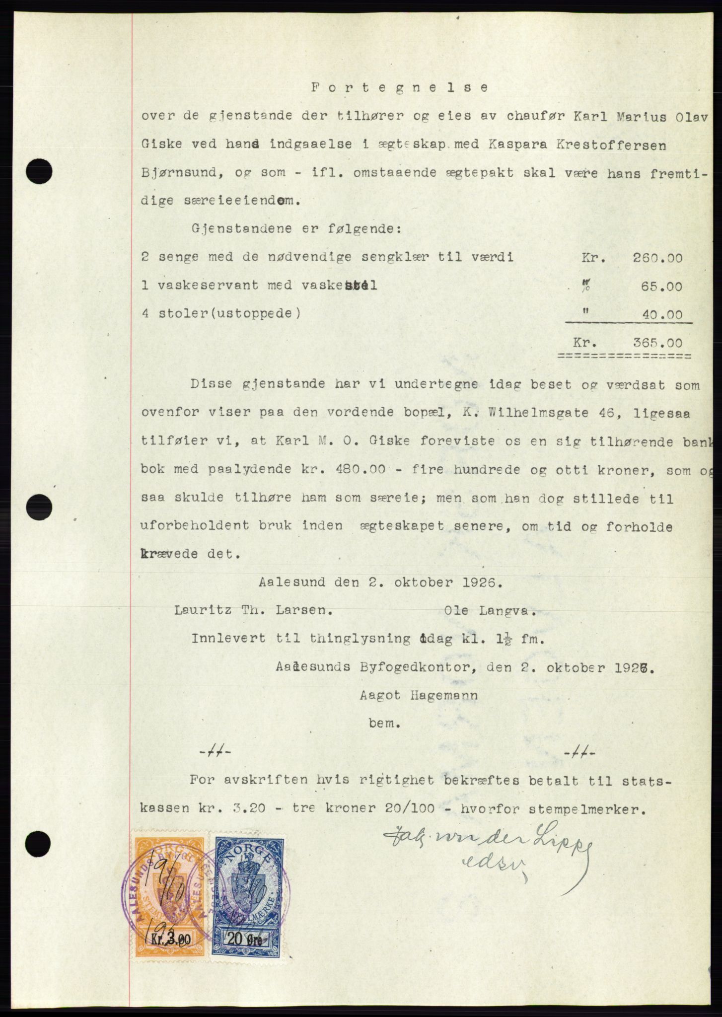 Ålesund byfogd, AV/SAT-A-4384: Mortgage book no. 21, 1926-1927, Deed date: 07.10.1926