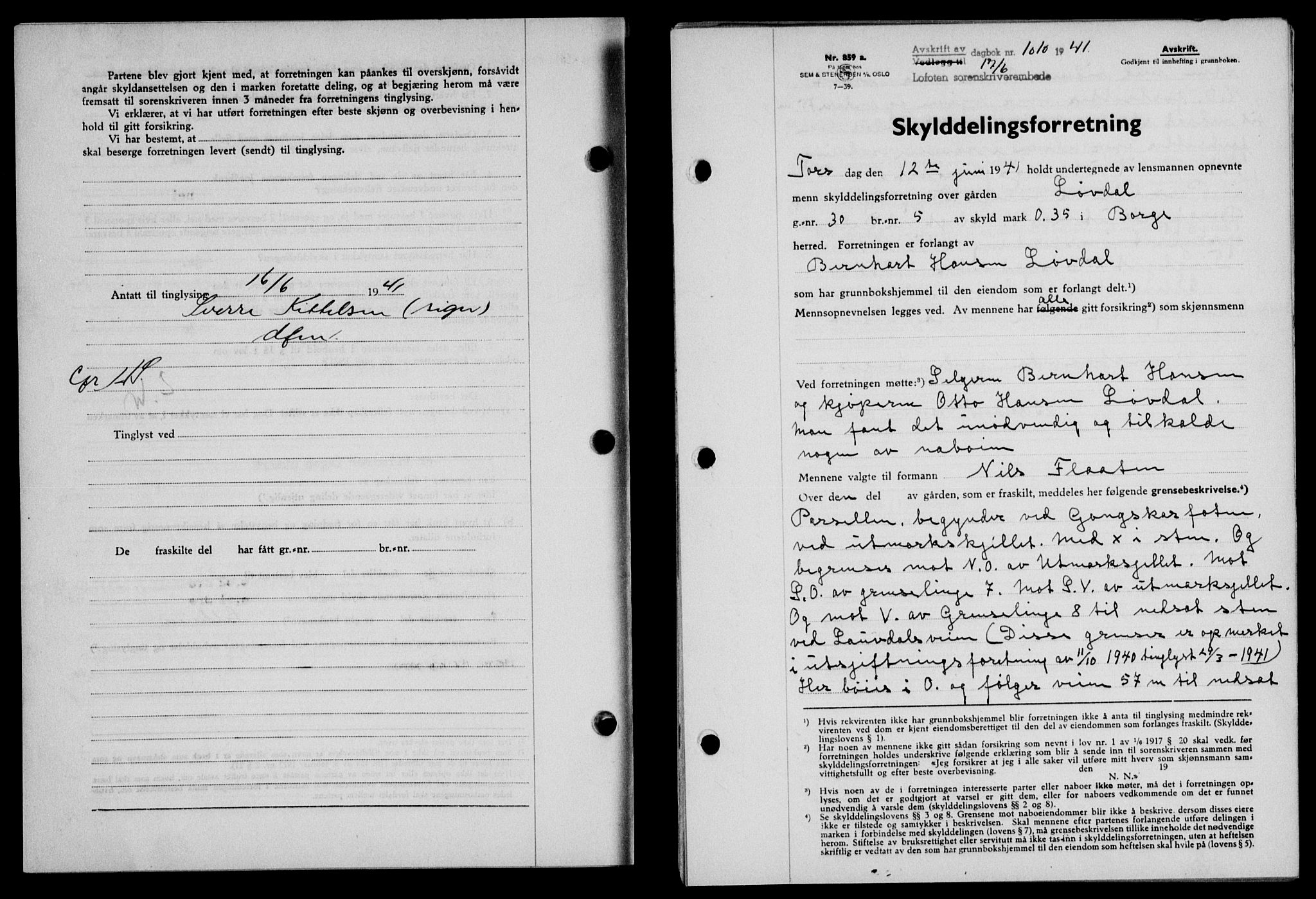 Lofoten sorenskriveri, SAT/A-0017/1/2/2C/L0008a: Mortgage book no. 8a, 1940-1941, Diary no: : 1010/1941