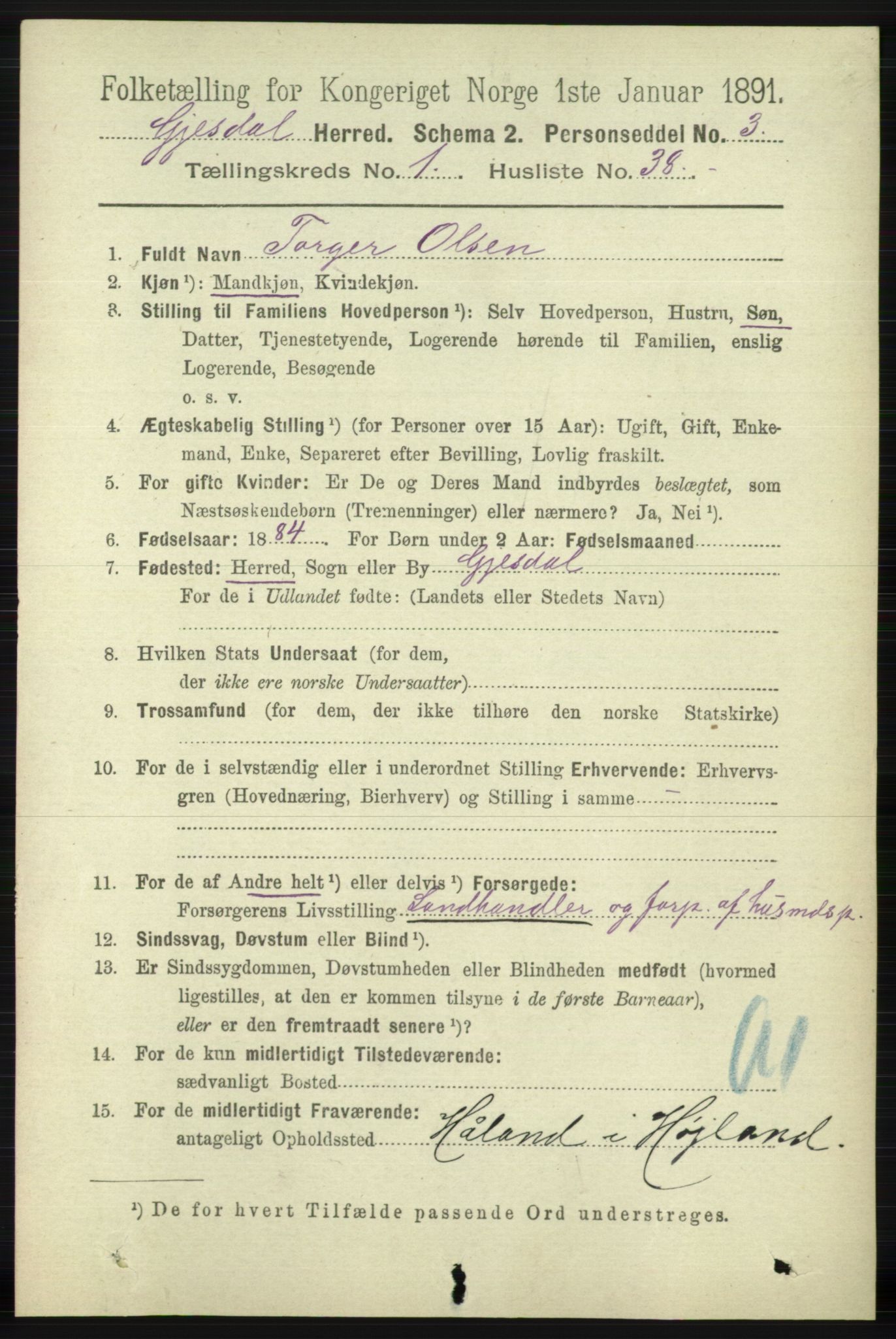 RA, 1891 census for 1122 Gjesdal, 1891, p. 340