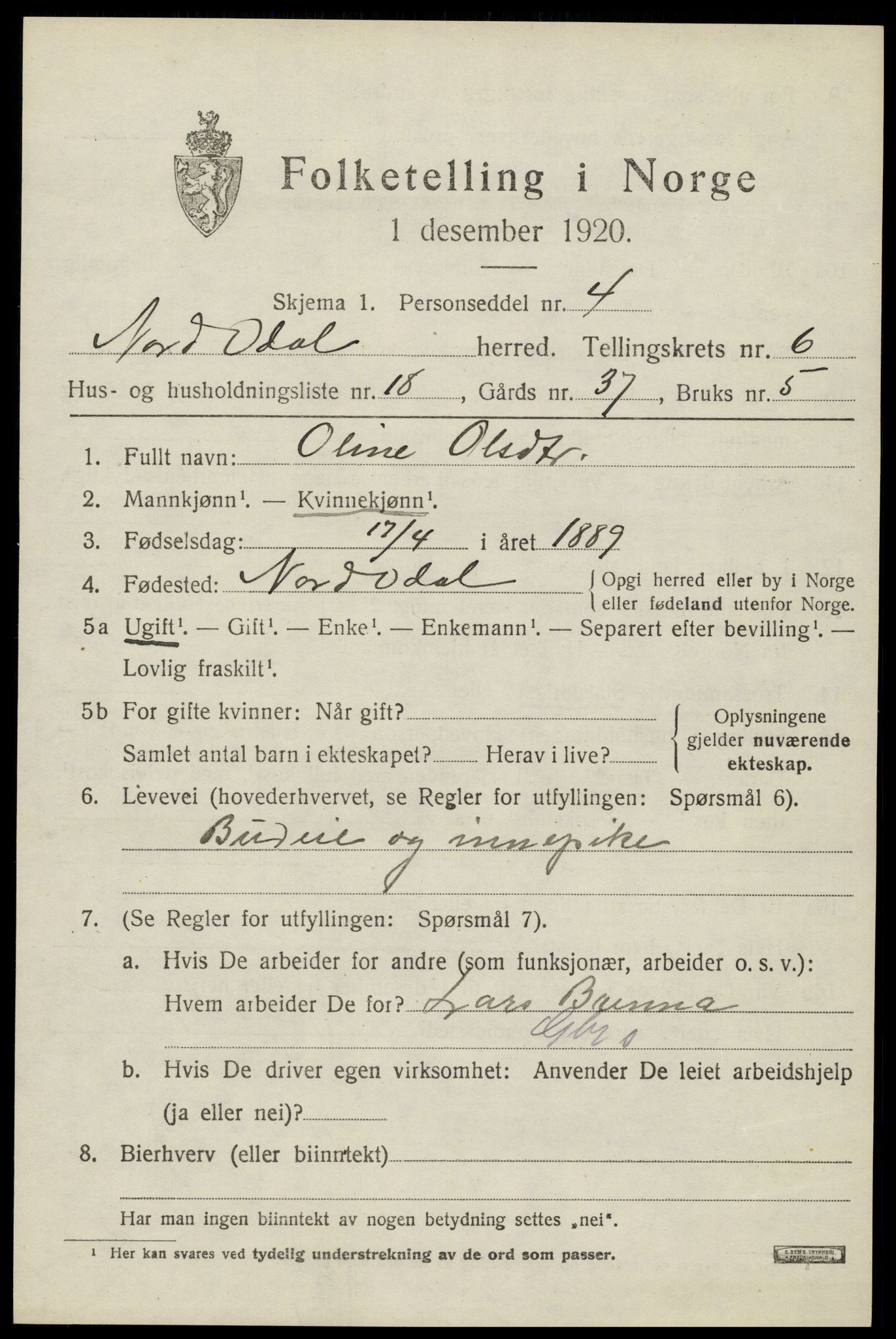 SAH, 1920 census for Nord-Odal, 1920, p. 6819