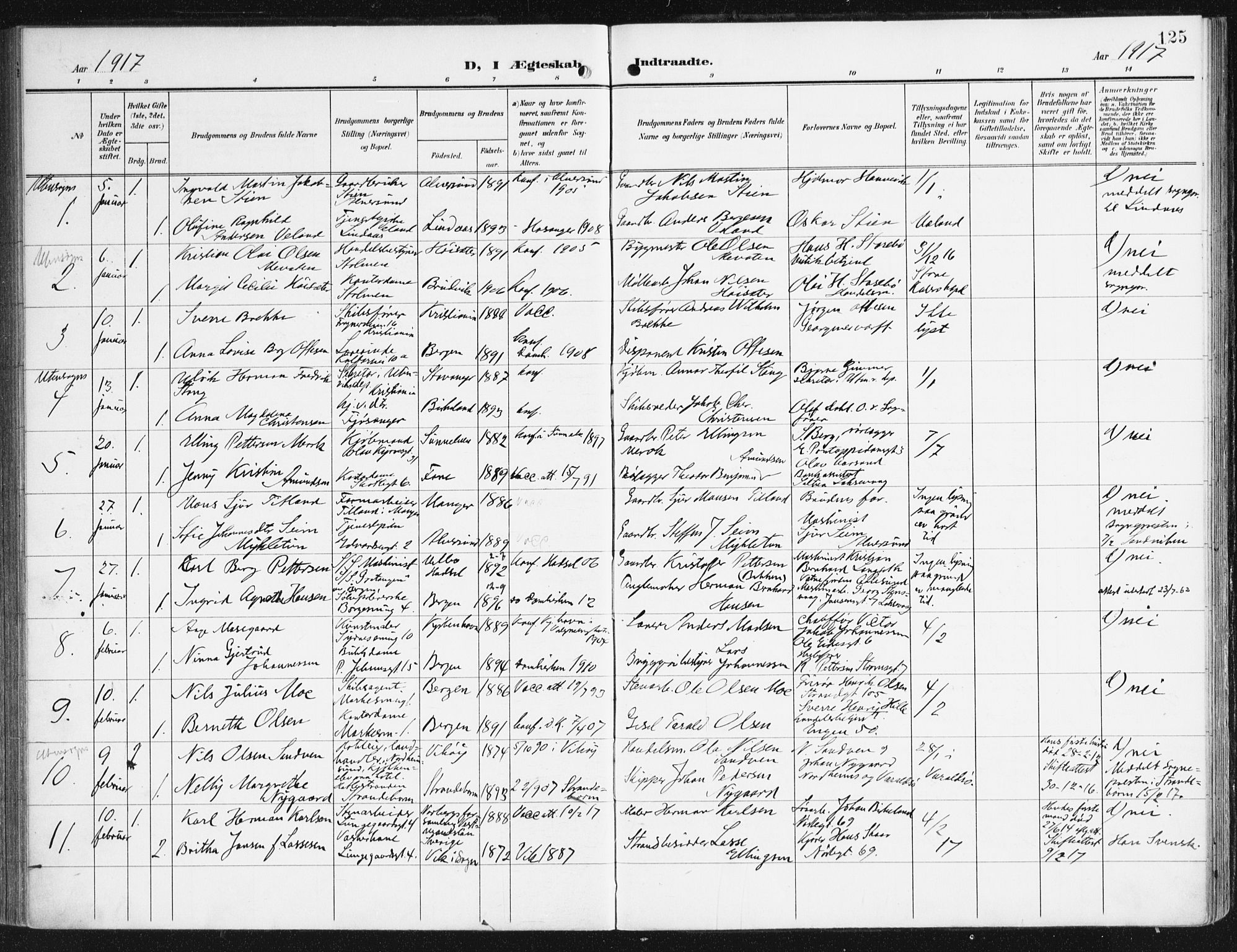 Domkirken sokneprestembete, SAB/A-74801/H/Haa/L0038: Parish register (official) no. D 5, 1906-1921, p. 125