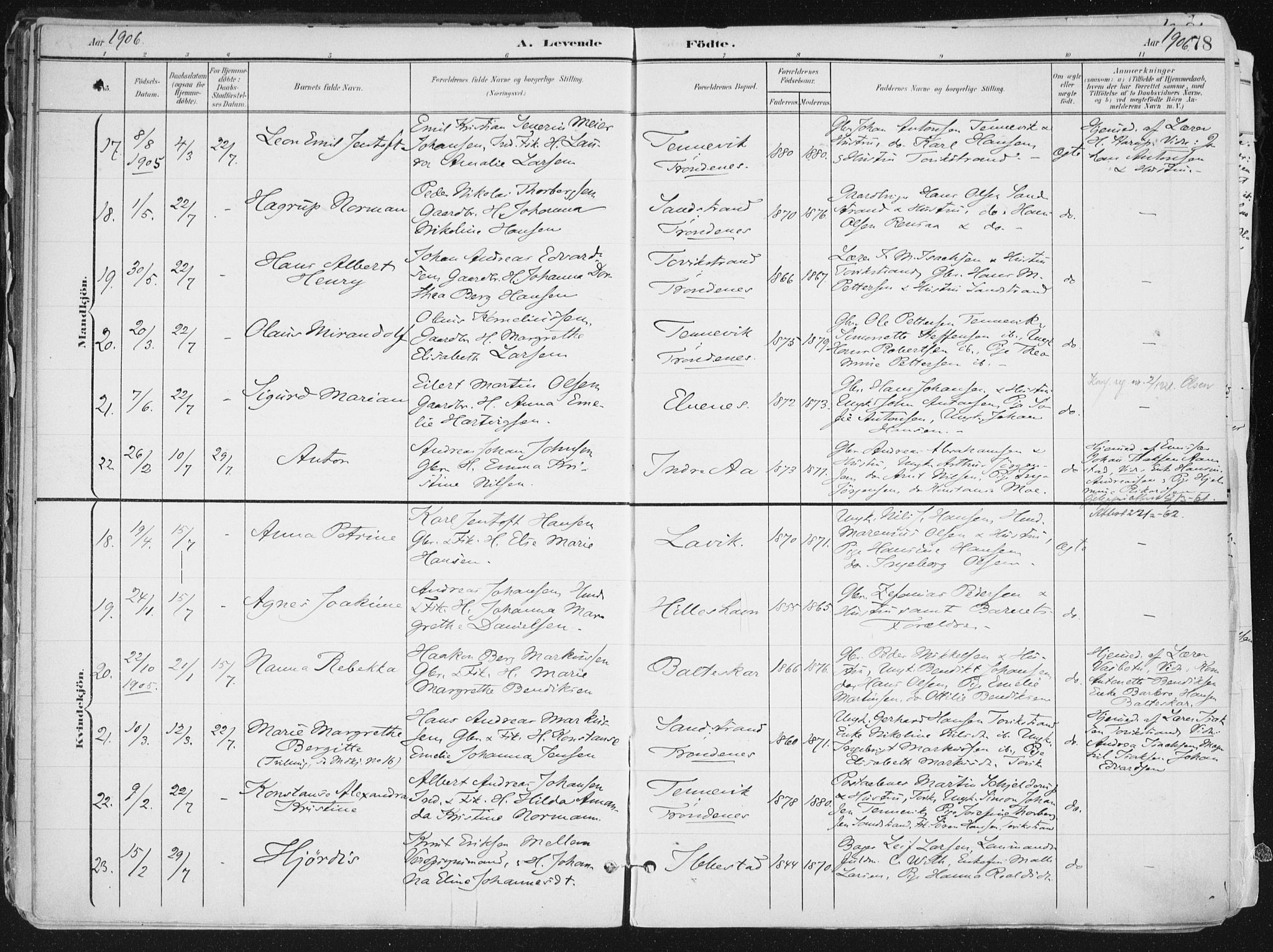 Ibestad sokneprestembete, AV/SATØ-S-0077/H/Ha/Haa/L0017kirke: Parish register (official) no. 17, 1901-1914, p. 78